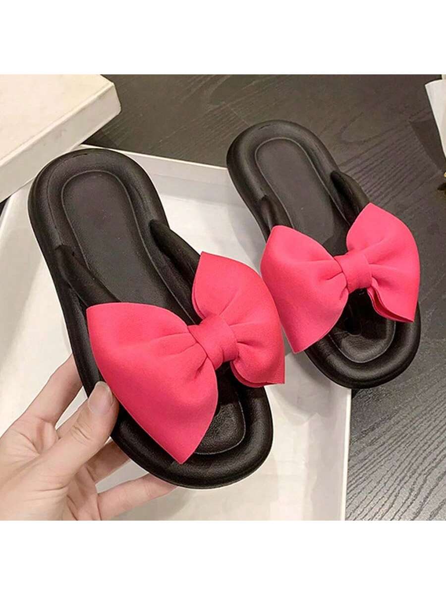 Women's Pink Bow Decorated Flip Flops, Fashionable Beach Eva Flip Flops For Summer