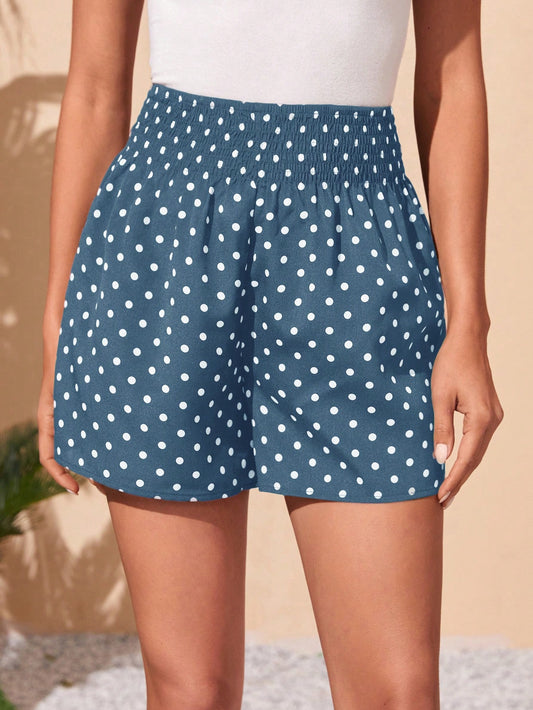 Women'S Polka Dot Printed Shirred Waist Shorts