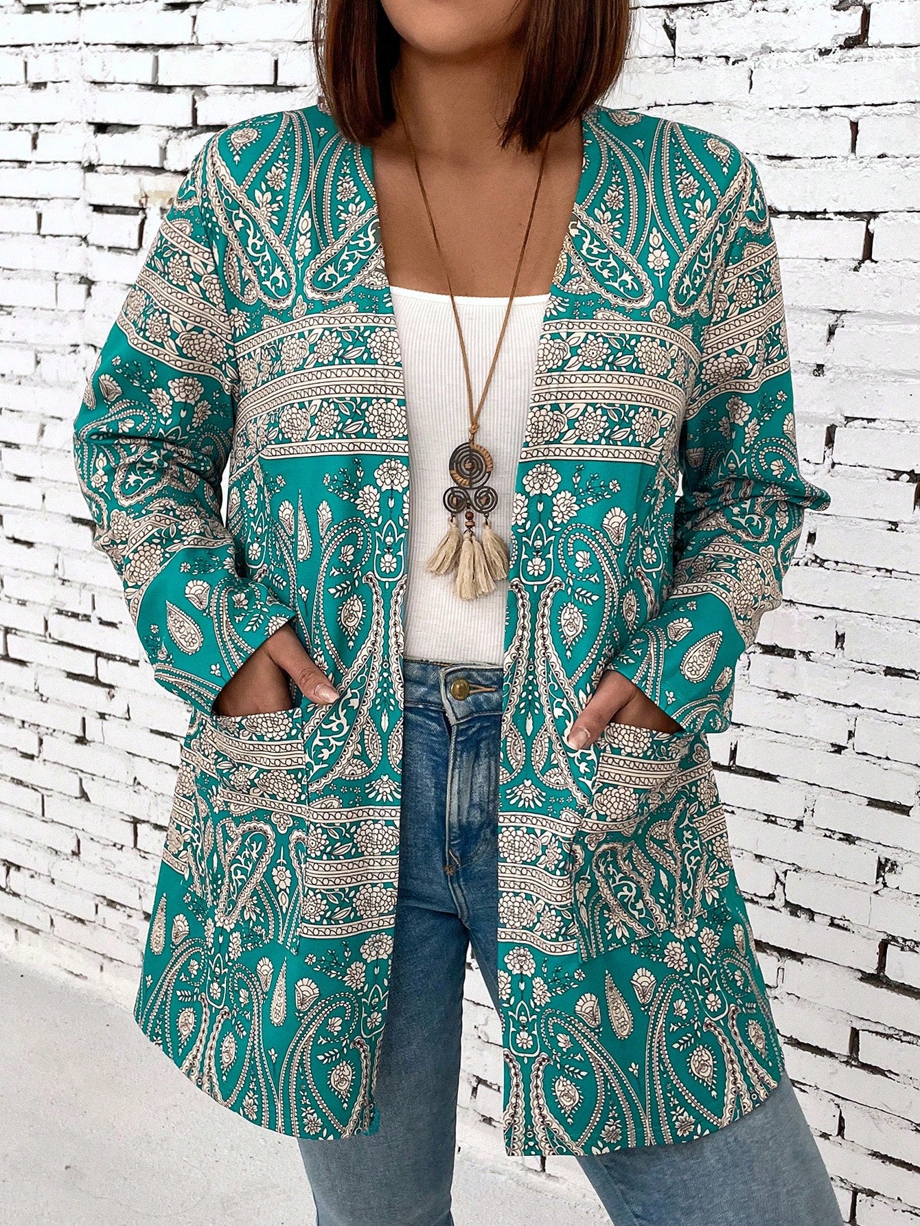 Plus Size Paisley Printed Open Front Casual Jacket