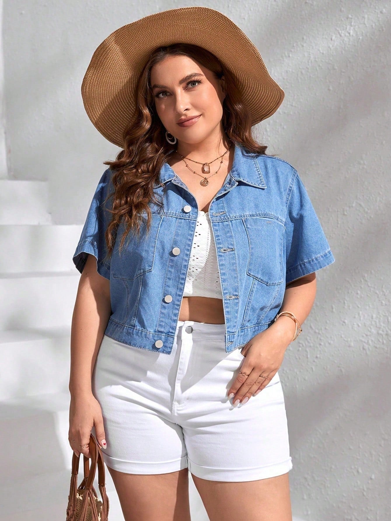 Plus Size Casual Vacation Match Short-Sleeved Denim Jacket For Spring And Summer