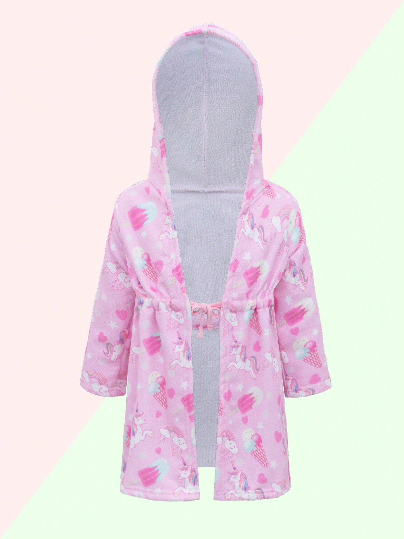 Young Girl Unicorn Printed Hooded Kimono With Drawstring Waist