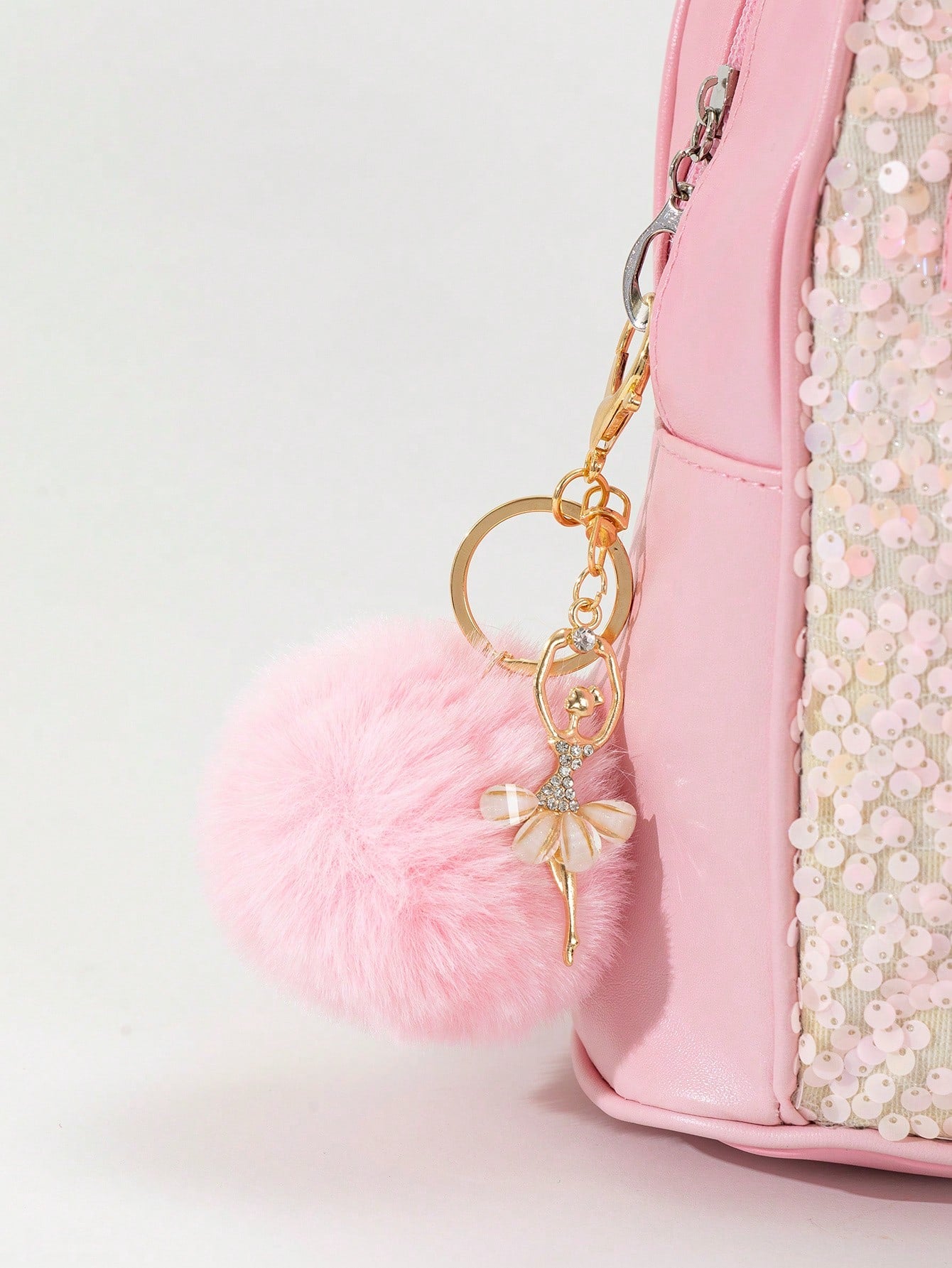 1pc Children's Cute Rhinestone Angel Ballet Girl Fur Ball Keychain, Plush Bunny Bag Pendant For Outdoor Use