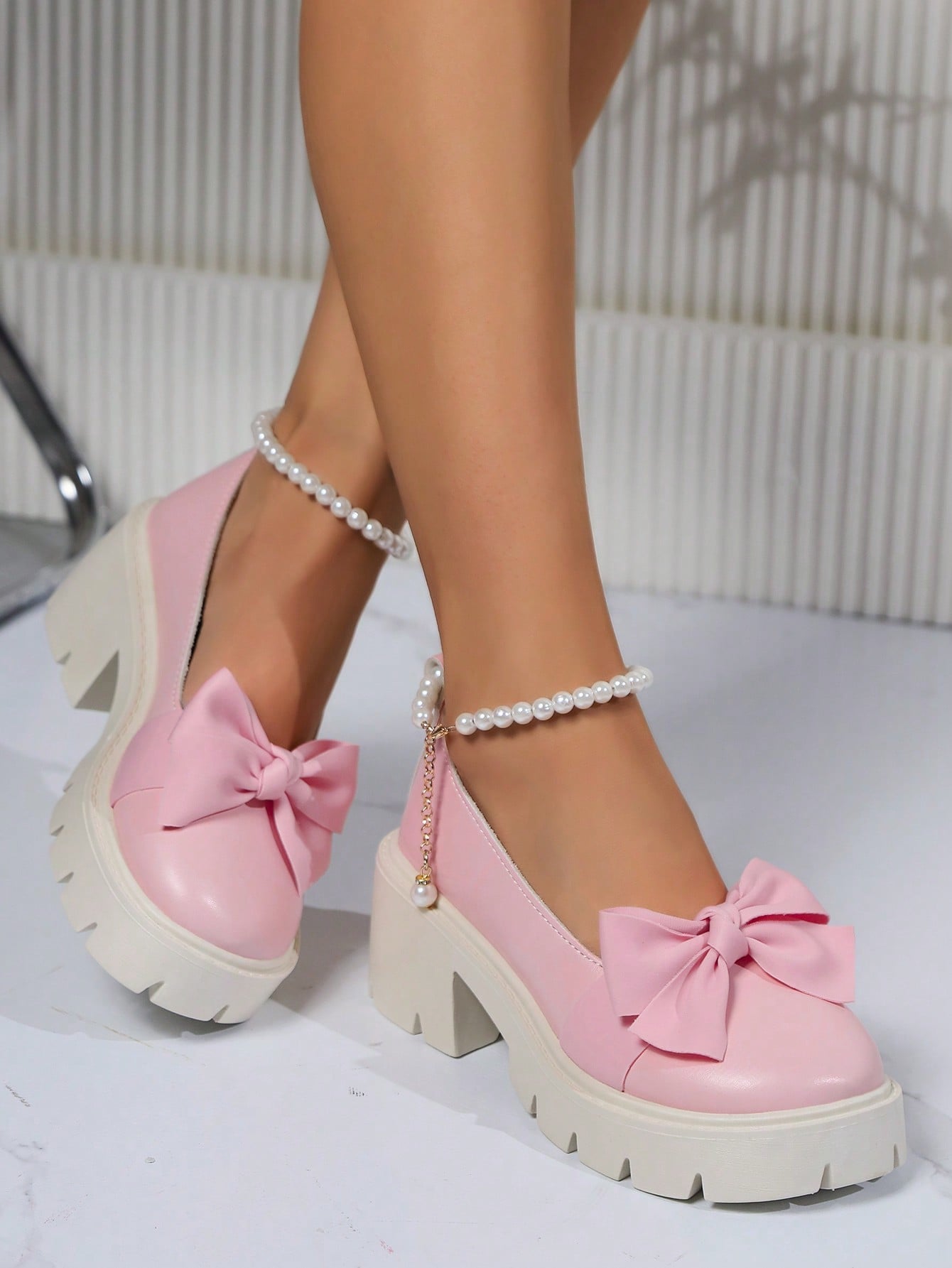 Girls' Thick-Soled Mary Jane Leather Shoes With Bow Knot And Faux Pearl Decorations For Sweet College Style, Spring New Arrival