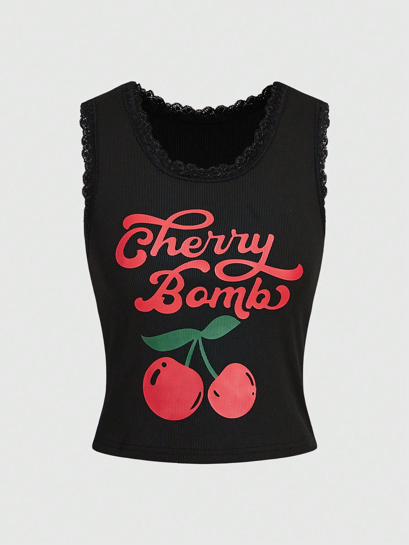 Plus Size Summer Cherry & Letter Printed Slim Fit Tank Top Cherry Bomb, School