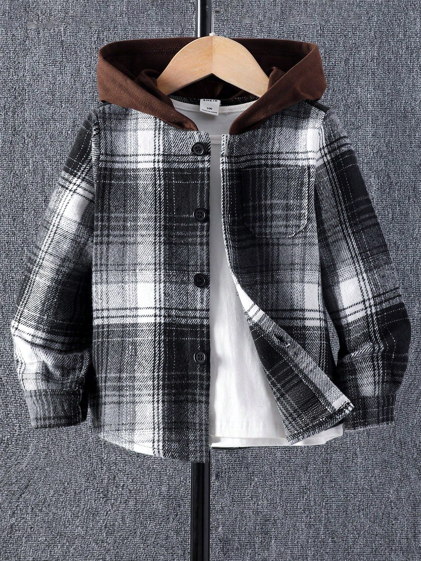 Young Boy Plaid Print Hooded Coat Without Tee