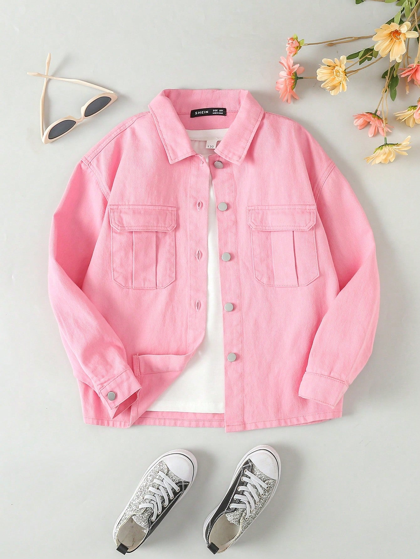 Tween Girl Casual Fashionable Pink Denim Jacket, Suitable For Autumn