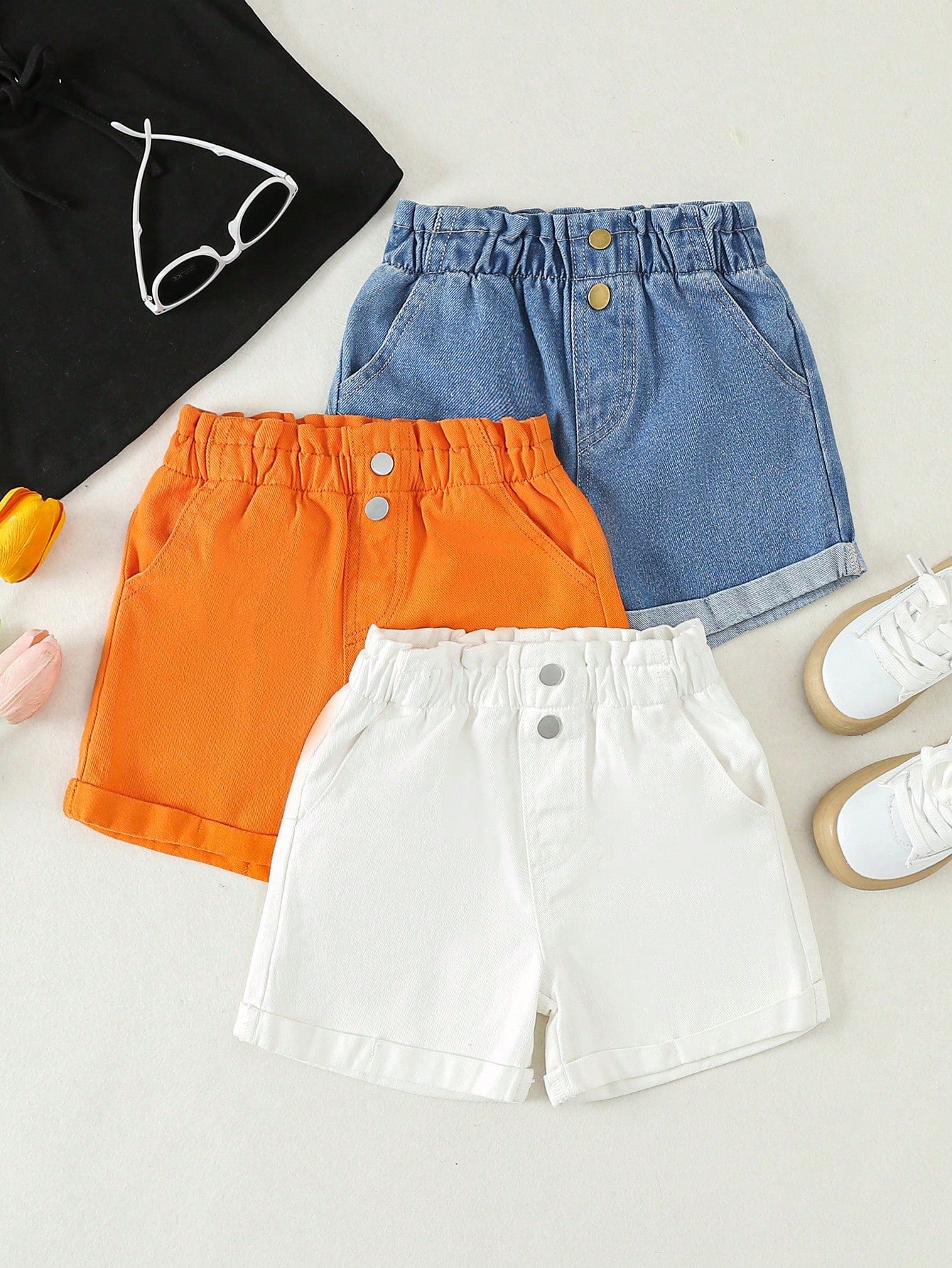 Young Girl Comfortable Casual Multi-Color Denim Shorts With Tulip Waist