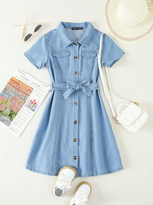 Tween Girls Casual, Comfortable, Simple Denim Dress