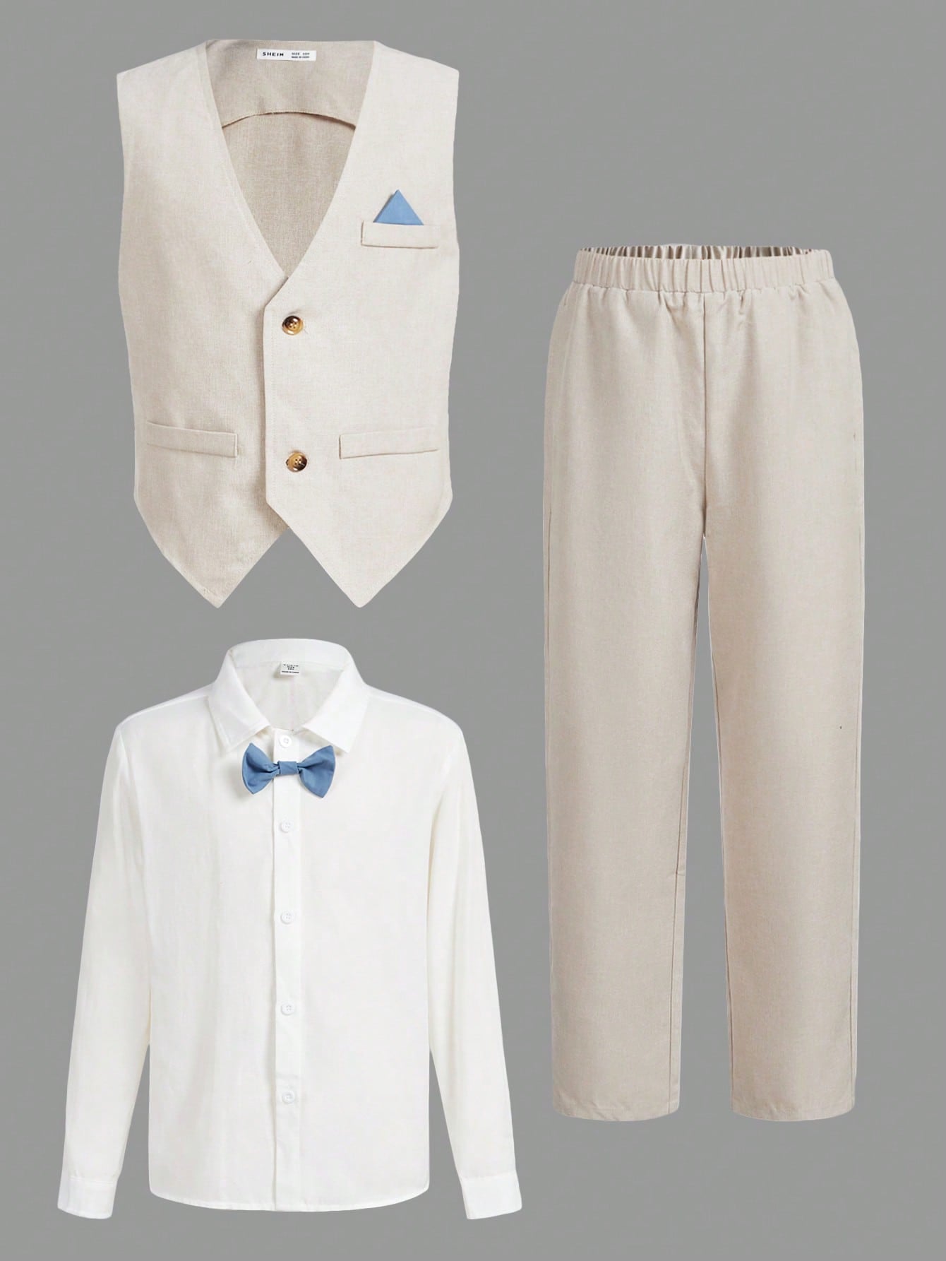 3pcs/set Tween Boys' Shirt, Vest, And Pants Outfit With Bow Tie