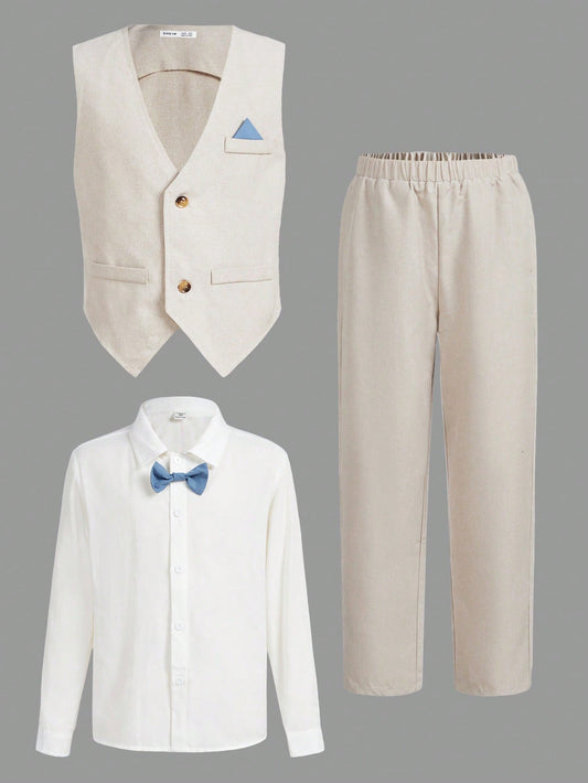 3pcs/set Tween Boys' Shirt, Vest, And Pants Outfit With Bow Tie