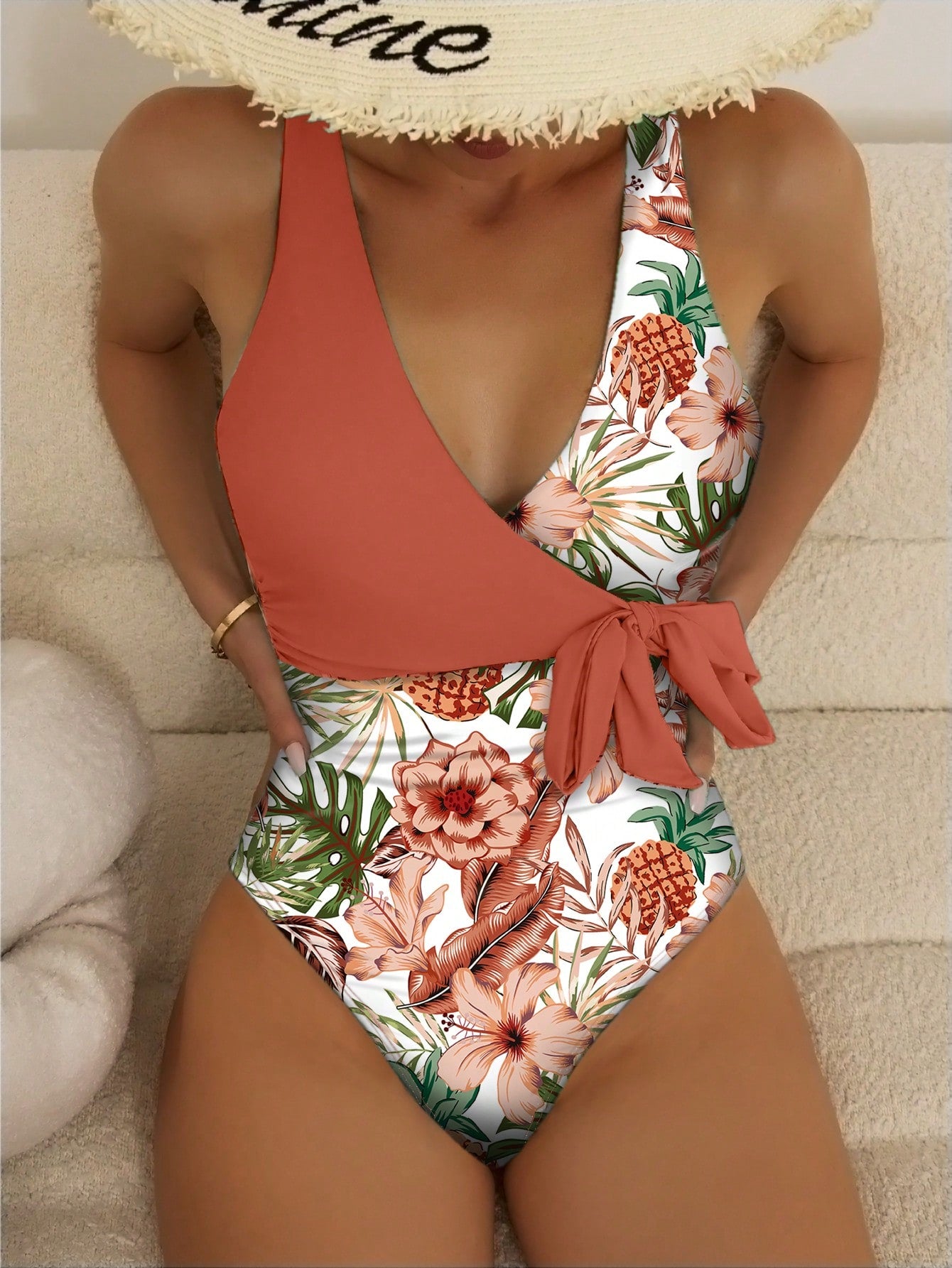 Swim Summer Beach Women's One-Piece Swimsuit With Tropical Plant Print Carnival