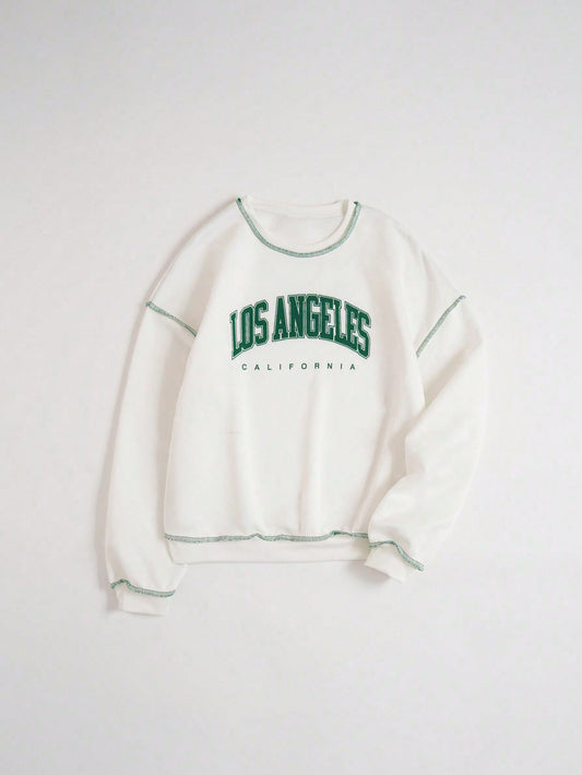 Letter Graphic Top-stitching Thermal Lined Pullover