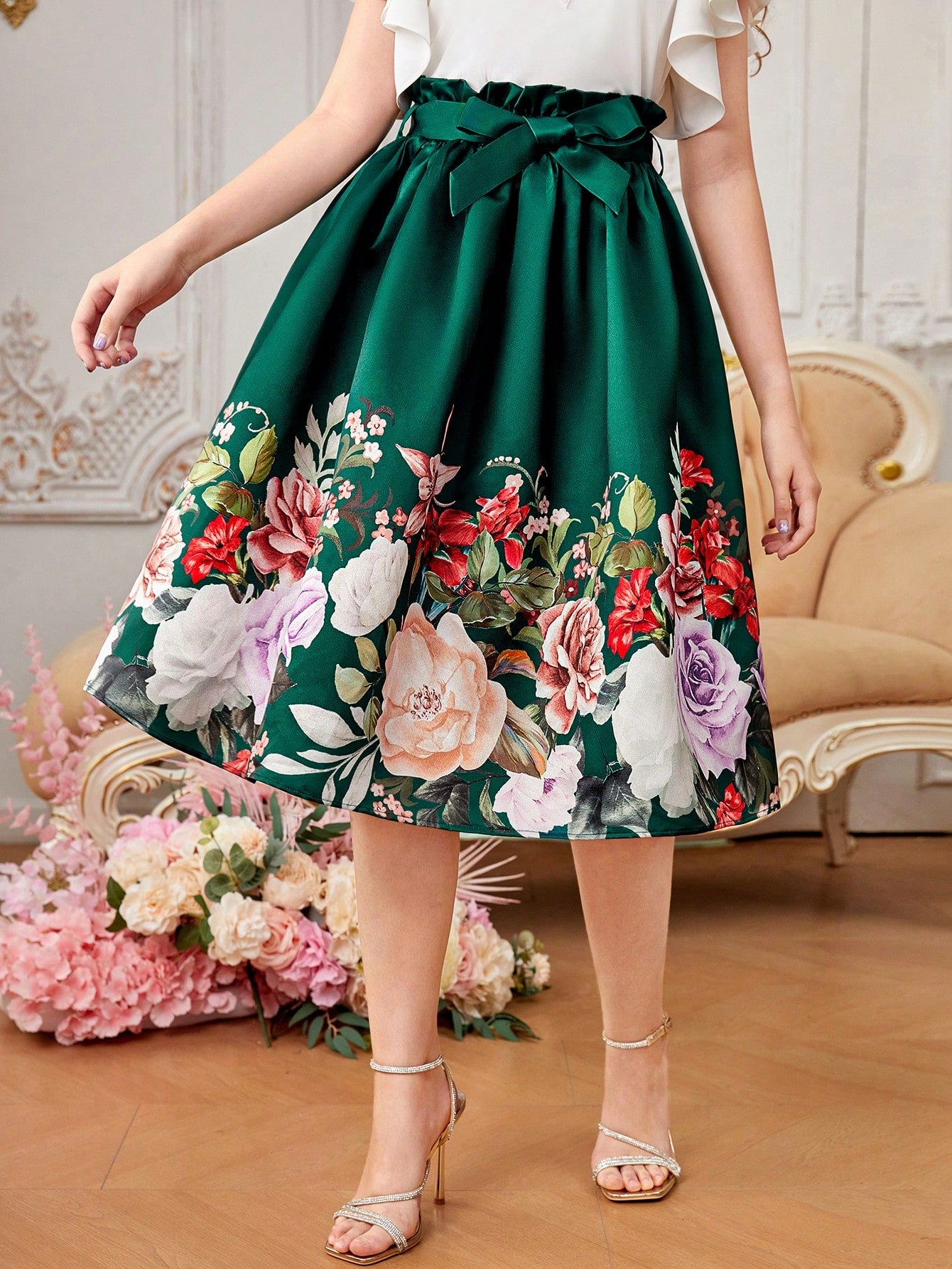 Teen Girls' Woven Floral Pattern Casual Belted A-Line Skirt