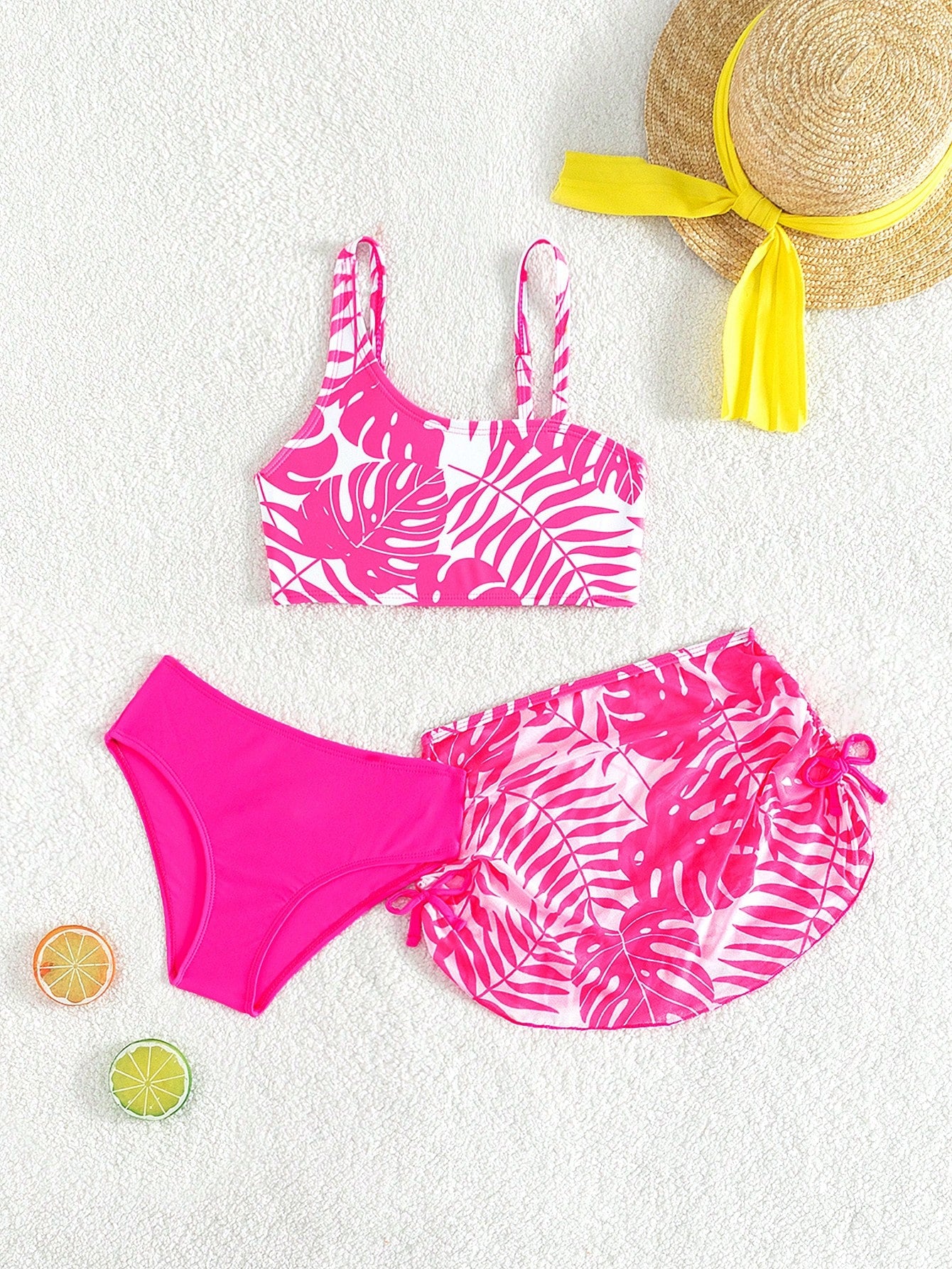 Young Girl Tropical Printed Bikini Set 3pcs/Set Summer Beach