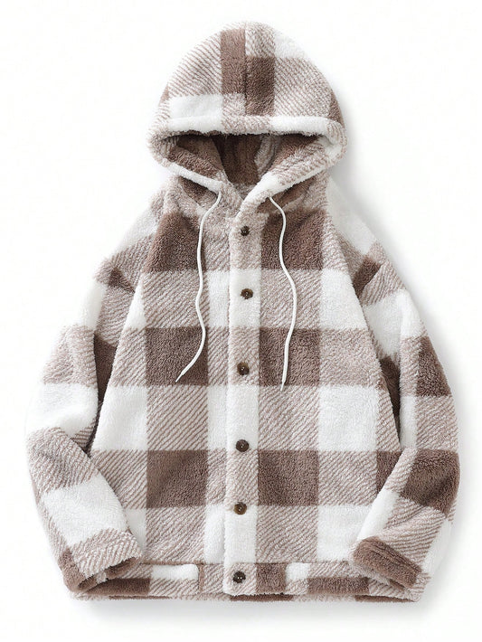 Men's Plus Size Single-Breasted Gingham Teddy Hooded Jacket