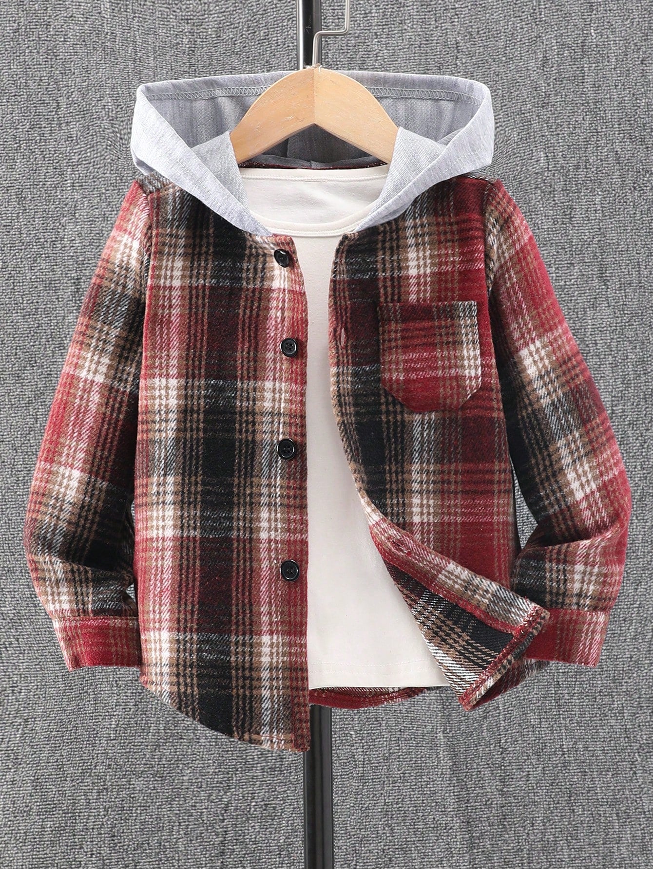 Young Boy Plaid Print Hooded Coat Without Tee