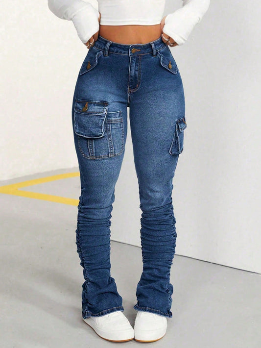 Women's Slim Fit Denim Jeans With Fold Details