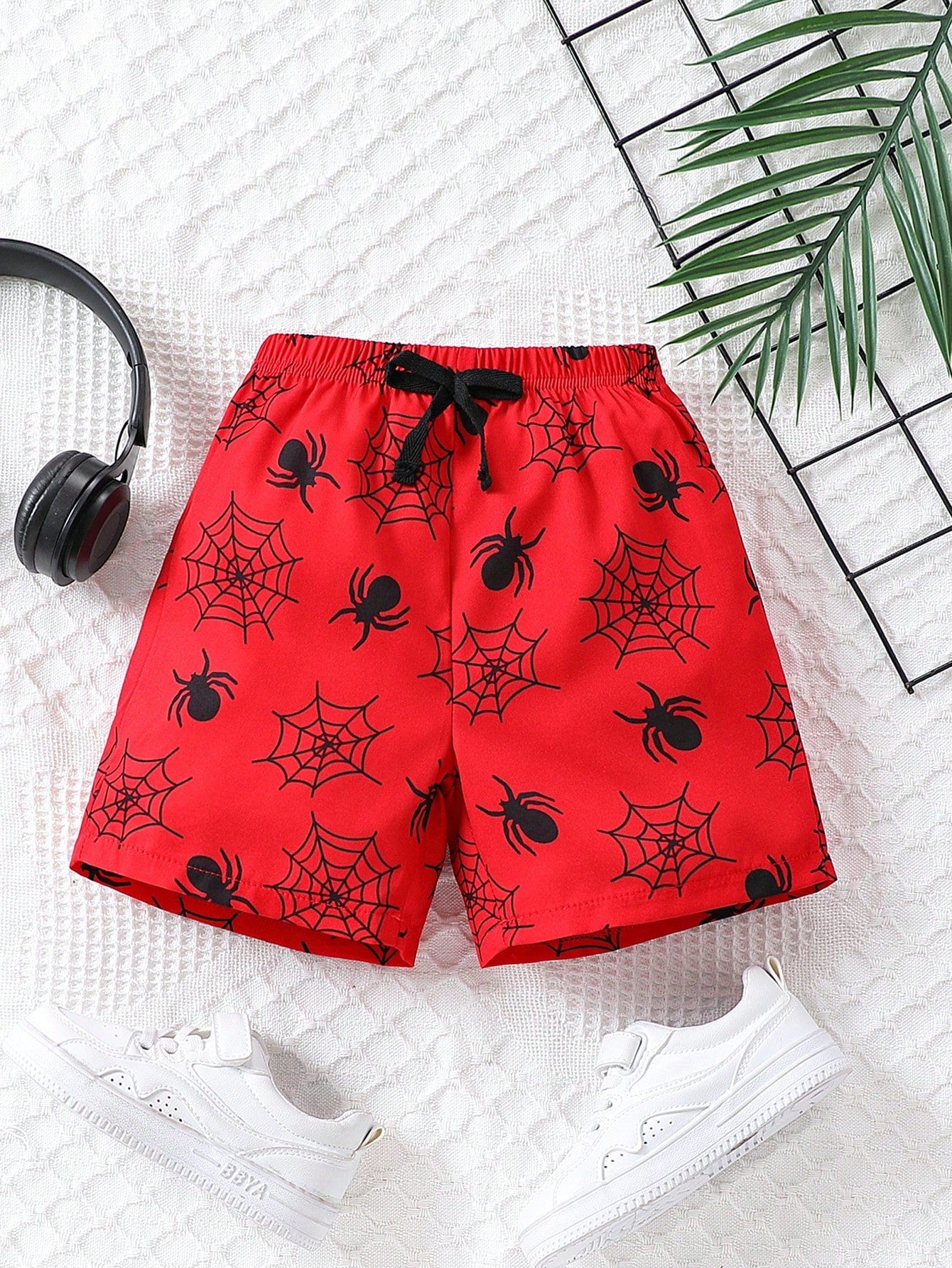 Young Boy Spider Print Knot Waist Shorts