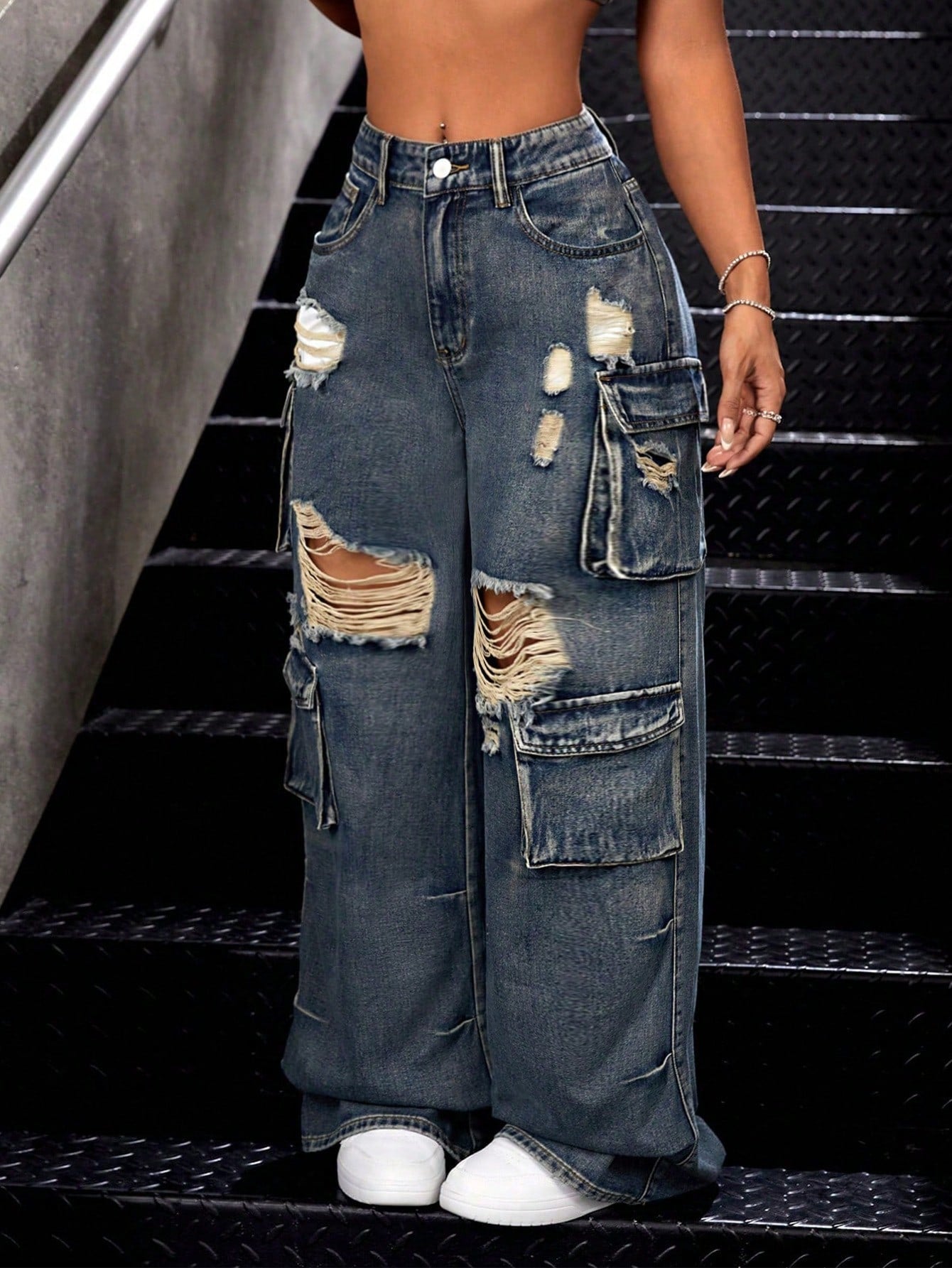 Women\ Hole Ripped Baggy Wide-Leg Casual Denim Jeans With Pockets