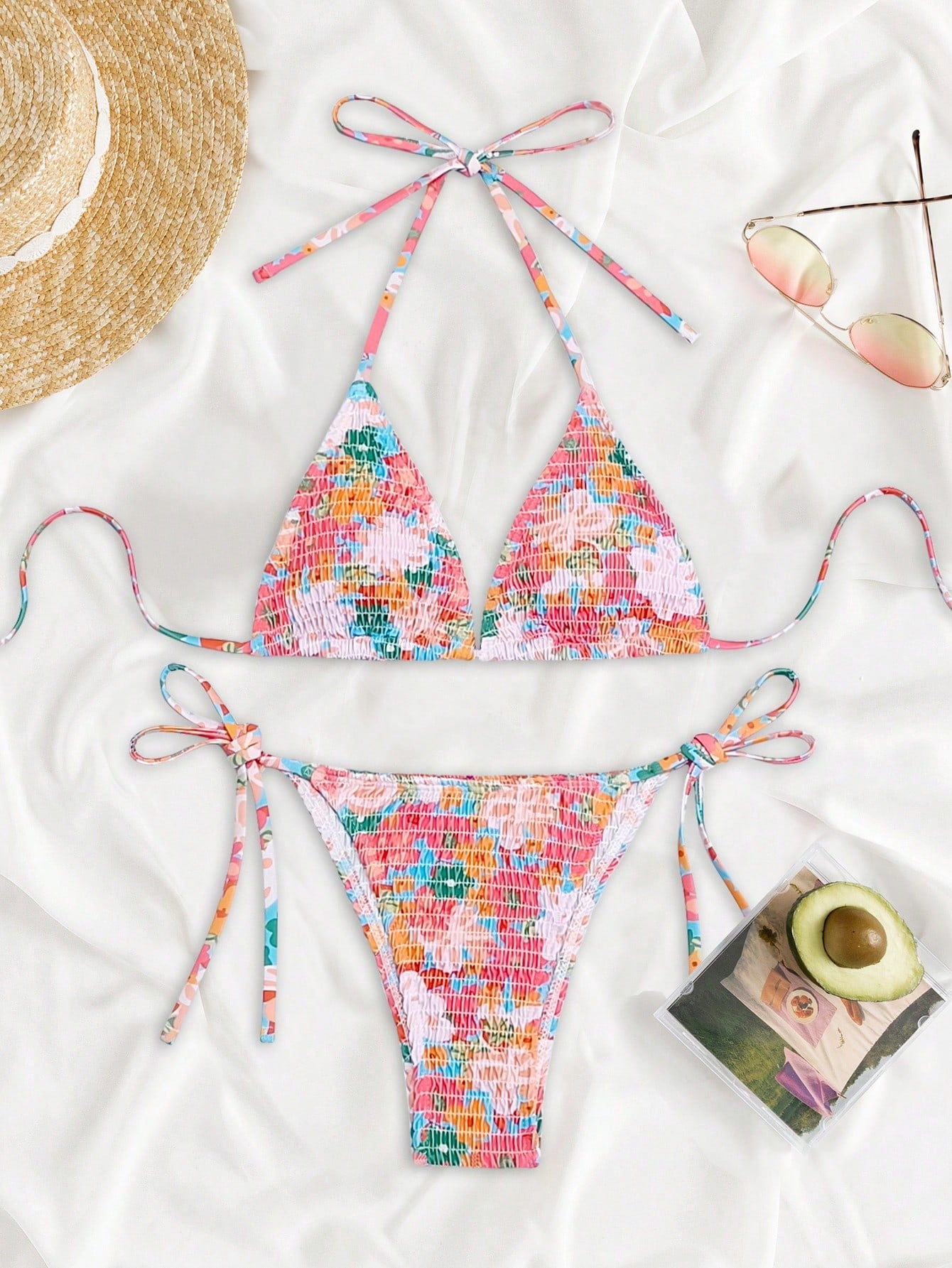 Swim Mod Summer Beach Random Floral Print Bikini Set Smocked Halter Triangle Bra Top & Tie Side Bikini Bottom 2 Pieces Bikini