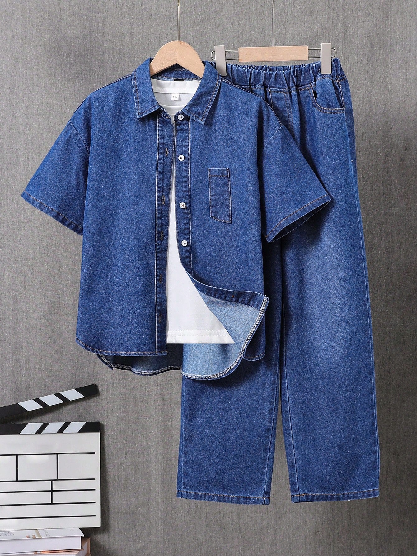 Tween Boys' Oversized Loose Fit Denim Shirt And Elastic Waist Wide Straight Leg Jeans Streetwear Set