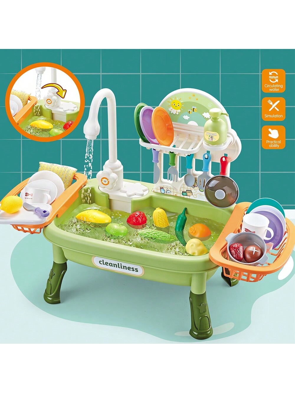 1set Children's Girls Simulated Dishwashing Sink With Running Water Loop, Kitchen Sink For Pretend Play, Suitable For Daily Use