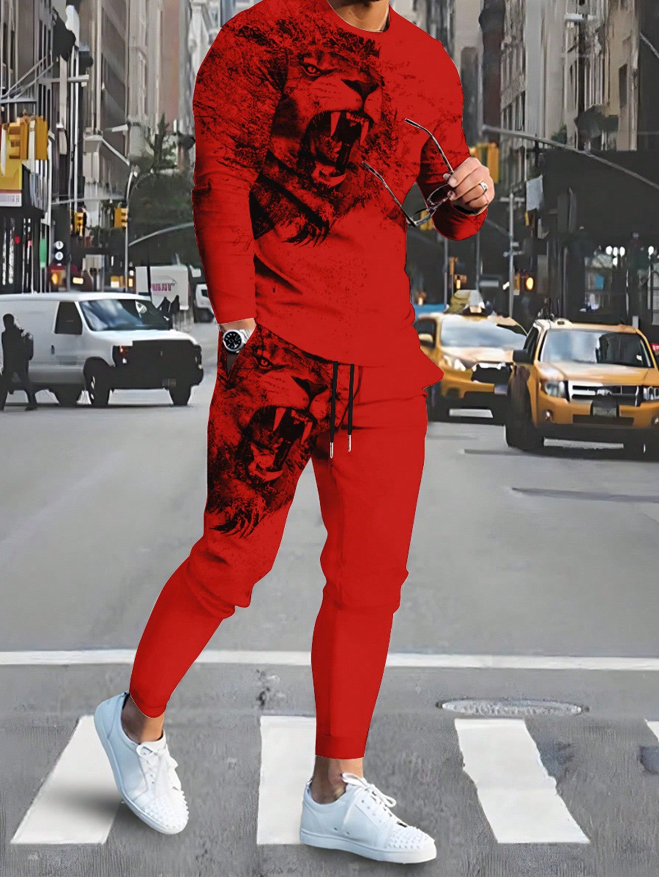 Men's Lion Printed Long Sleeve T-shirt And Pants Set