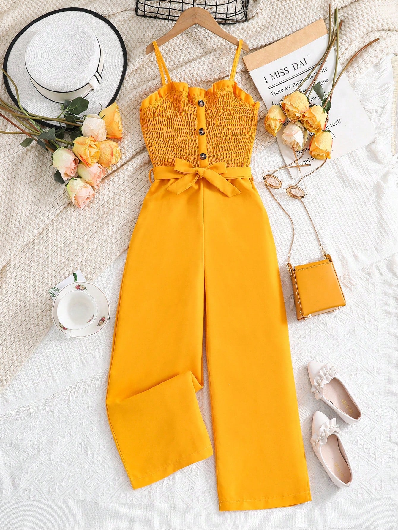 Tween Girl Solid Color Shirred Bodice Belted Suspender Jumpsuit