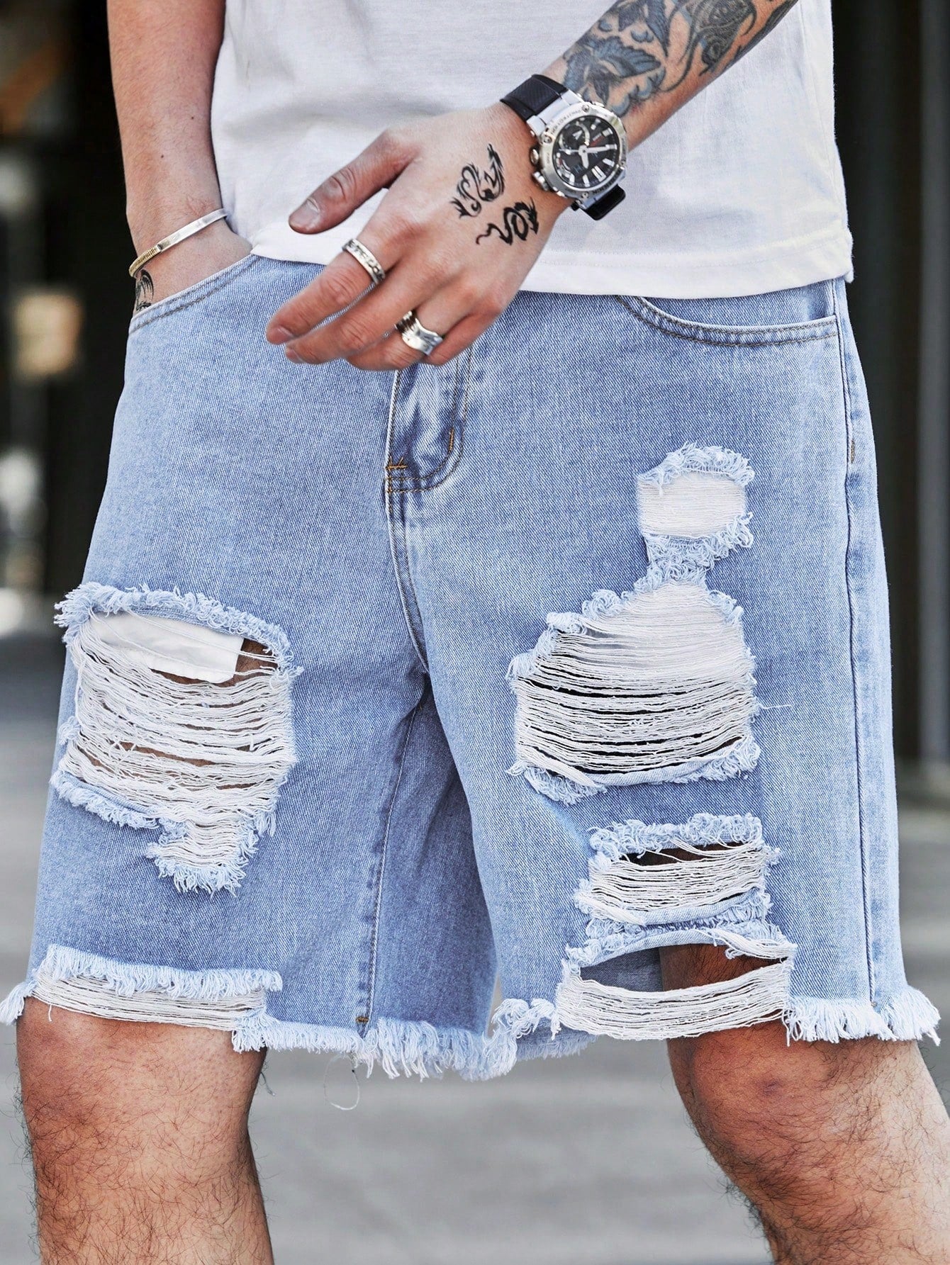 Men'S Plus Size Washed Ripped Denim Shorts