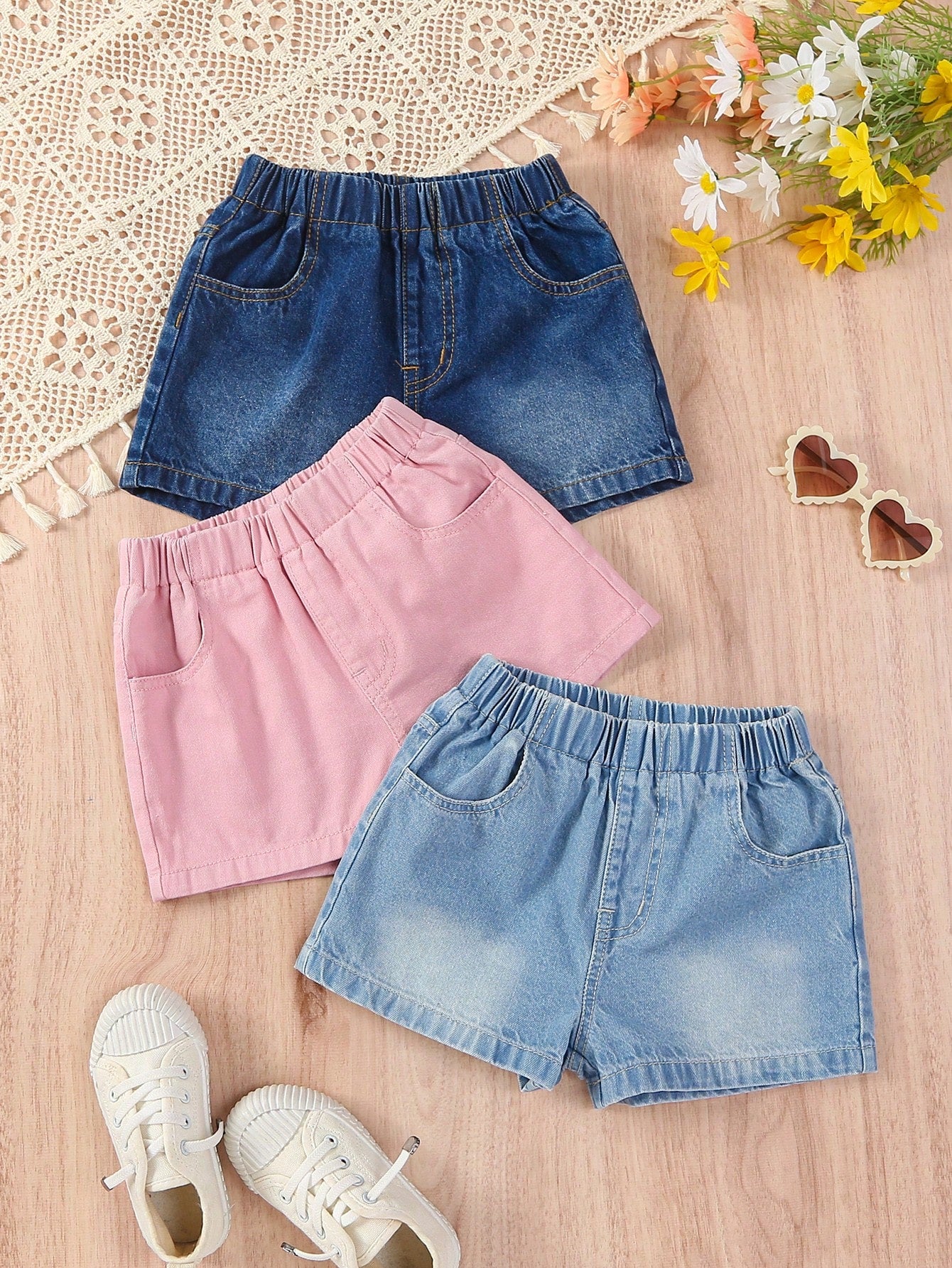 Kids Young Girls' Basic Elastic Waistband Casual Comfortable Denim Shorts, 3pcs/Set