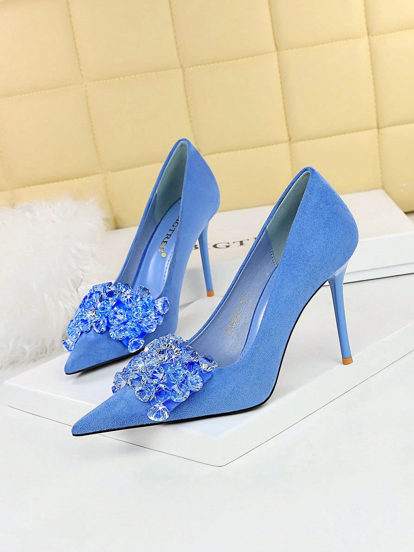 Party High Heels, Thin Heels, Thick Suede, Pointed Toe, Side Hollow Out, Metallic Rhinestone Buckle, Super High Heels, Shoes