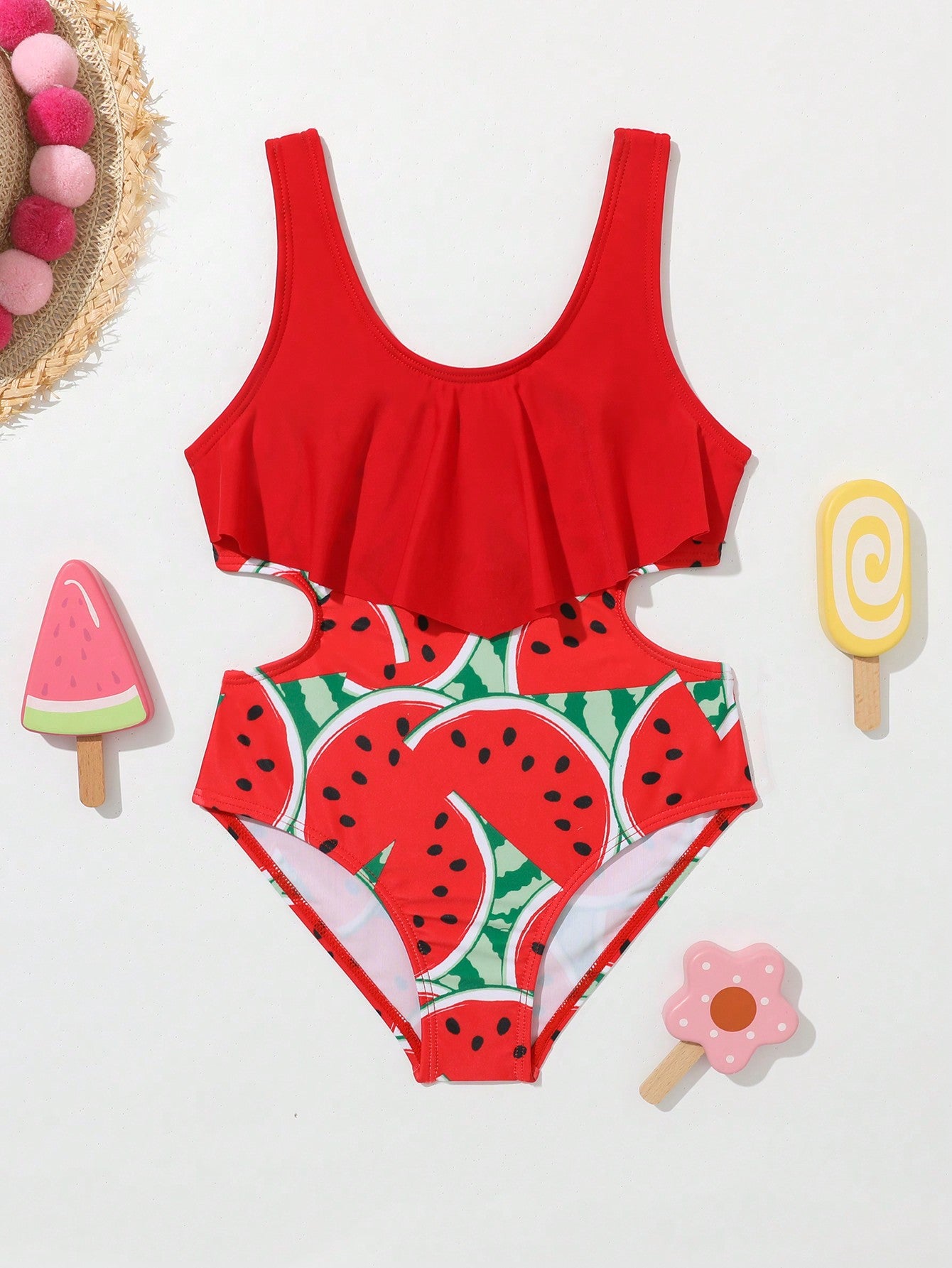 Young Girl One-Piece Swimsuit With Watermelon Print And Ruffled Hem