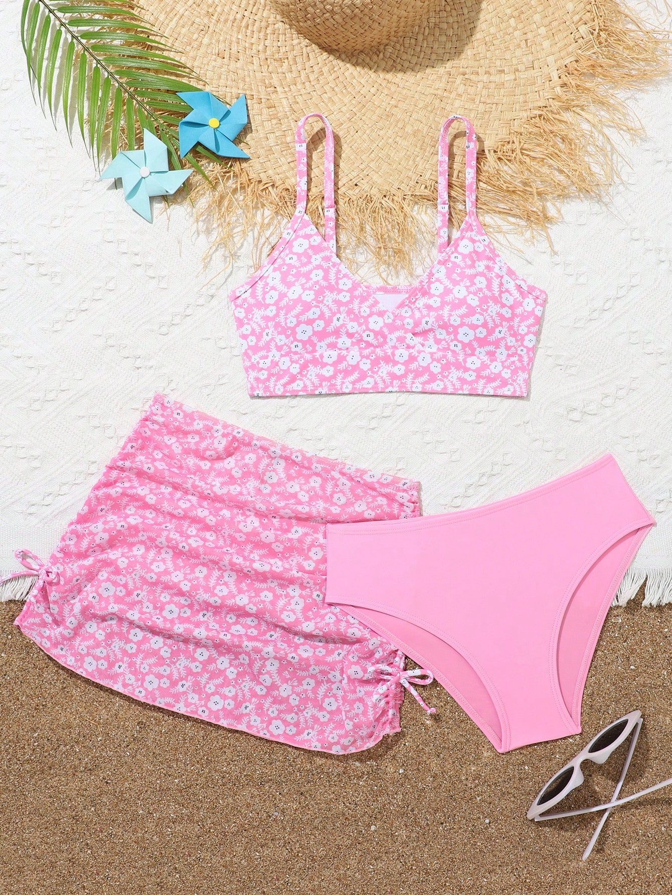 Tween Girl's Random Floral Print Bikini Set And Drawstring Side Swimsuit Skirt