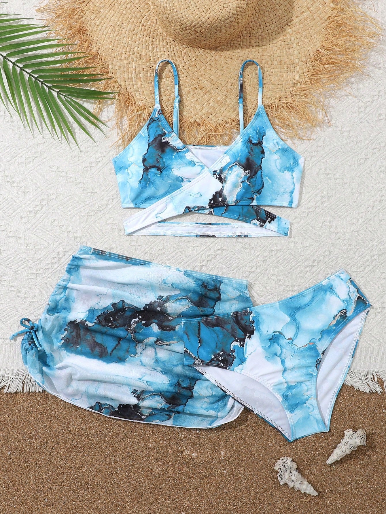 Teen Girl Three-Piece Marble Print Bikini Set Summer Beach