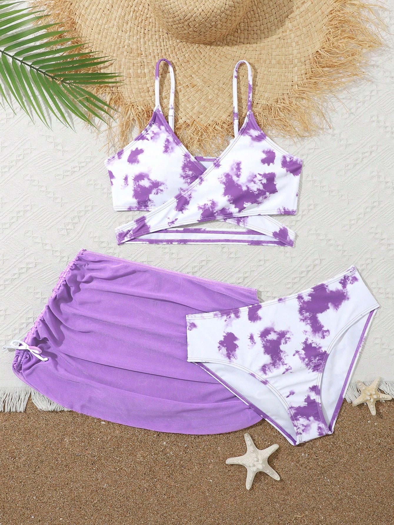 Teen Girl Three-Piece Marble Print Bikini Set Summer Beach