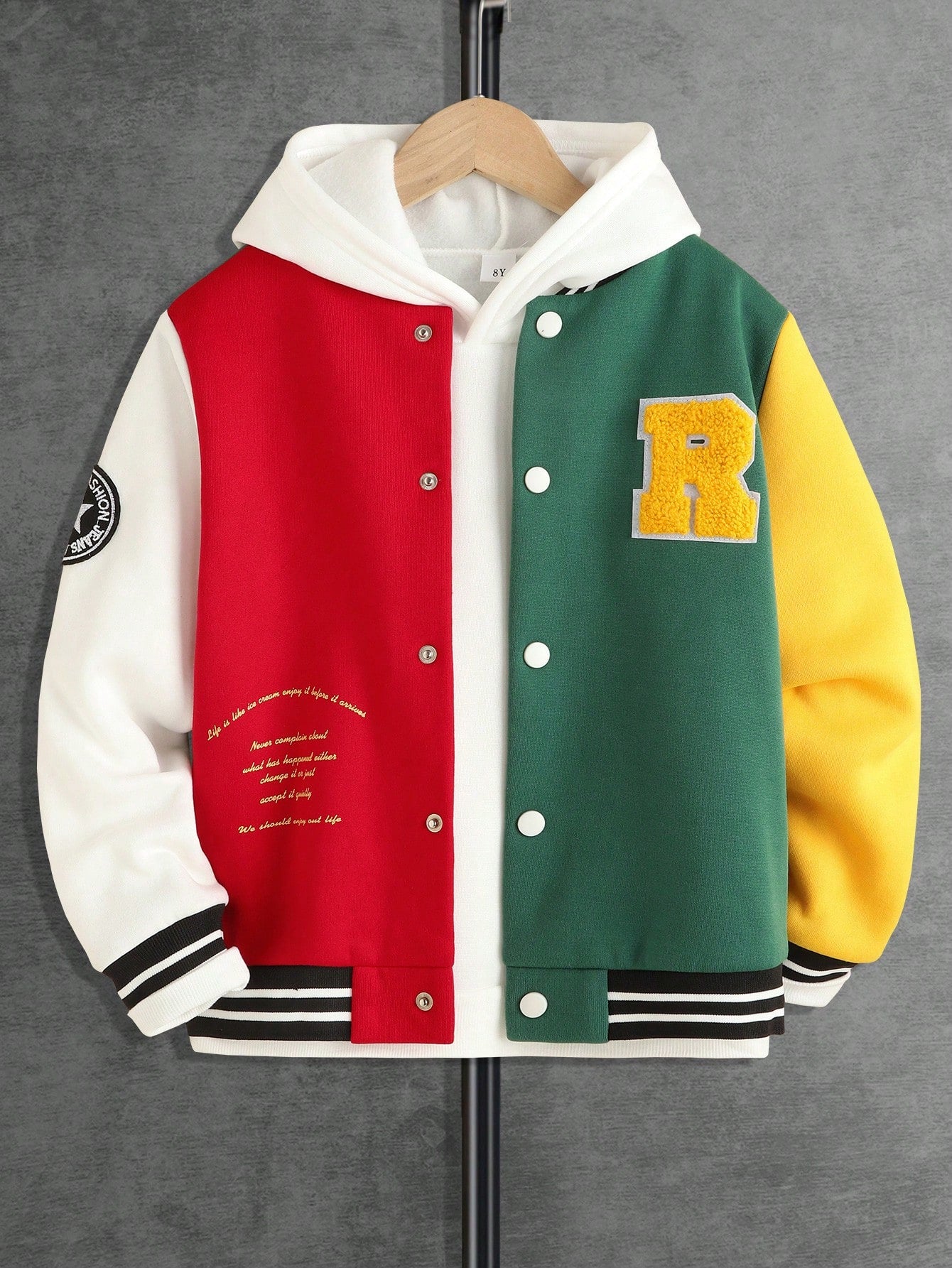 Tween Boy Slogan Graphic Colorblock Striped Trim Varsity Jacket Without Tee