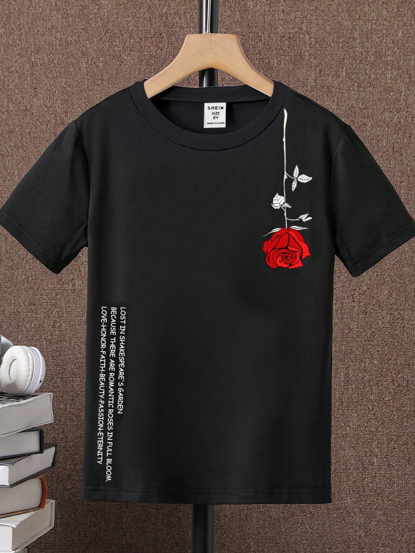 Teenage Boys' Rose Pattern Printed Short Sleeve T-Shirt