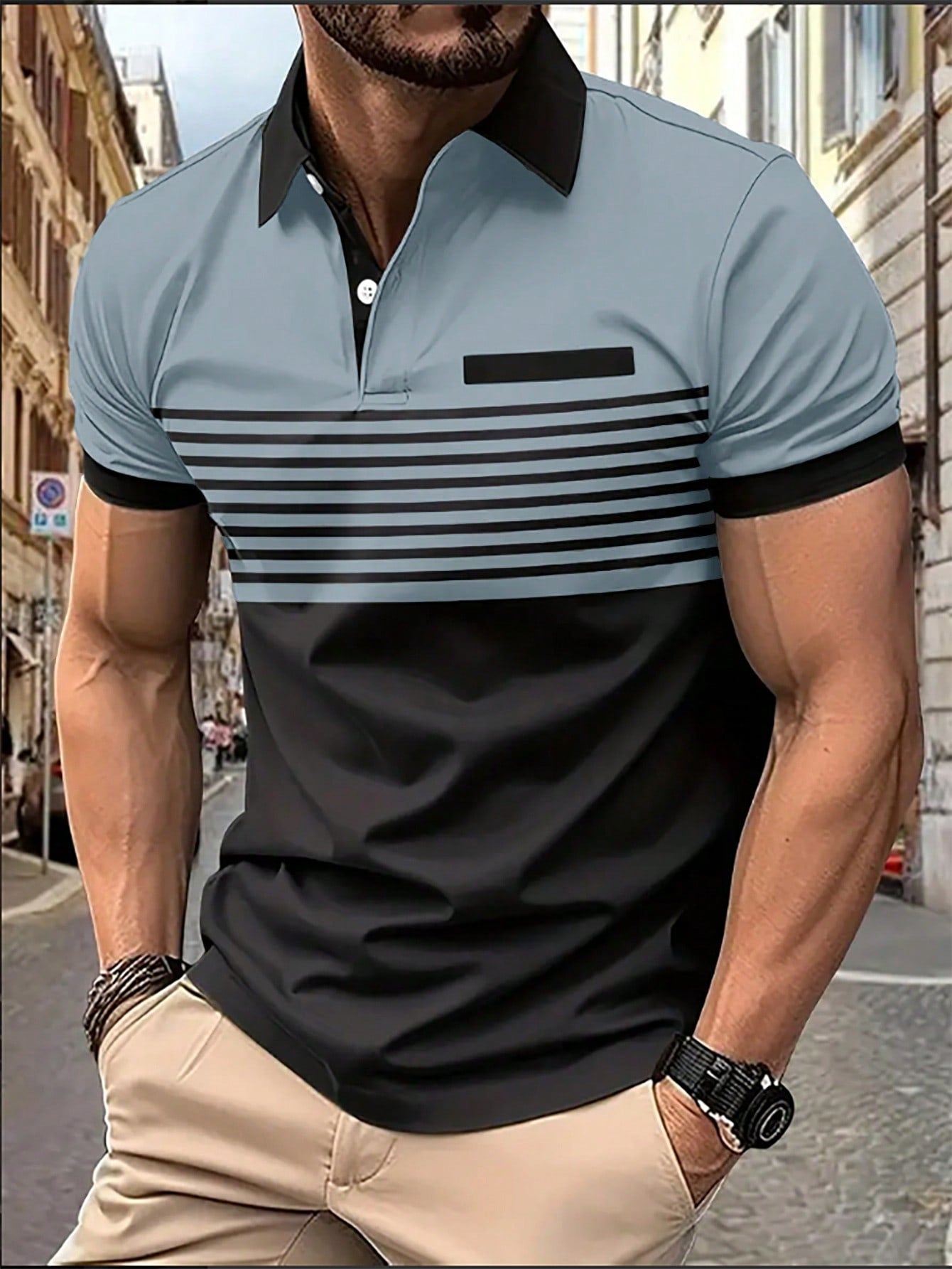 Men's Color Block Striped Polo Shirt