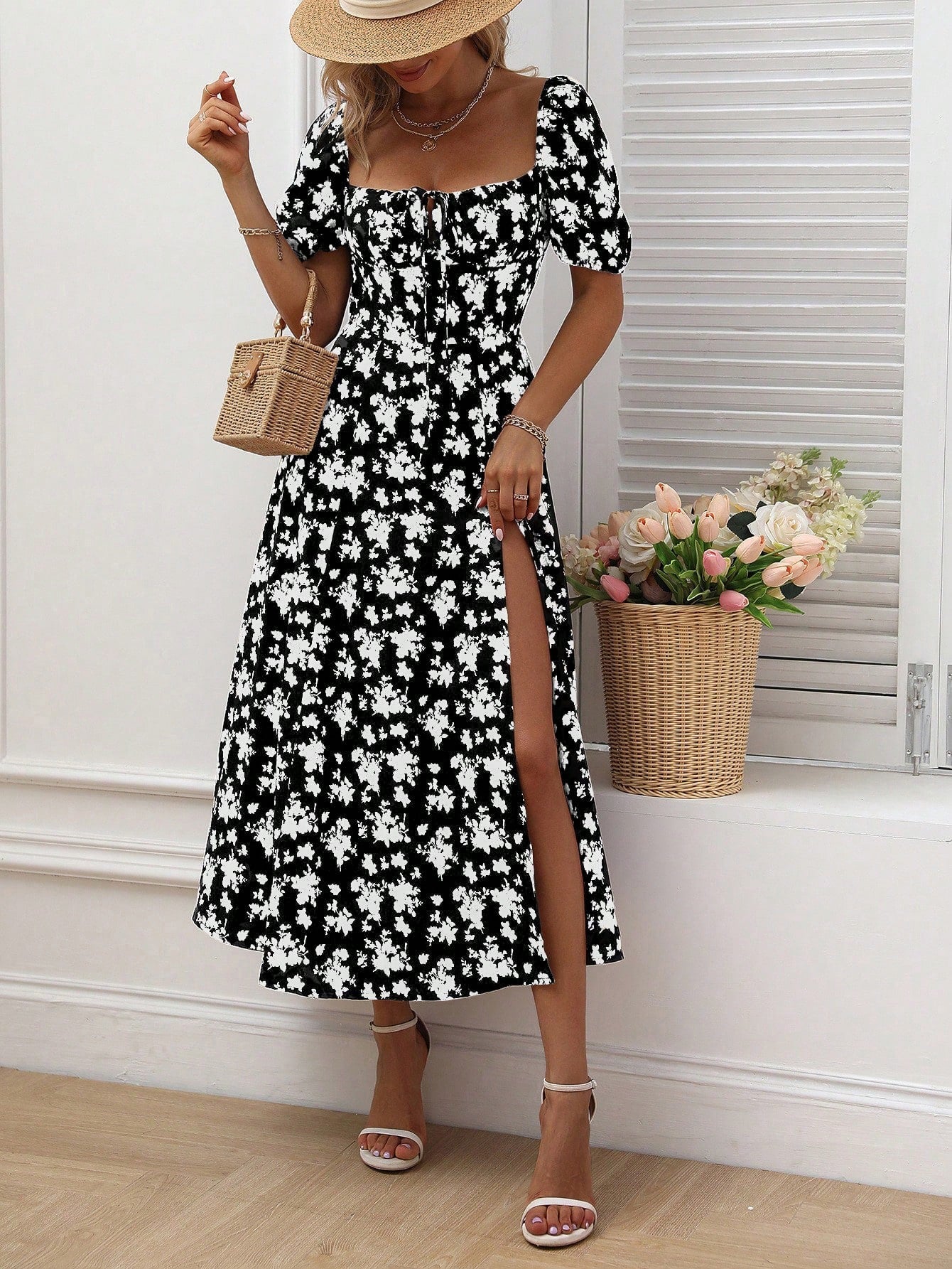 Allover Floral Knot Split Thigh A-Line Milkmaid Dress