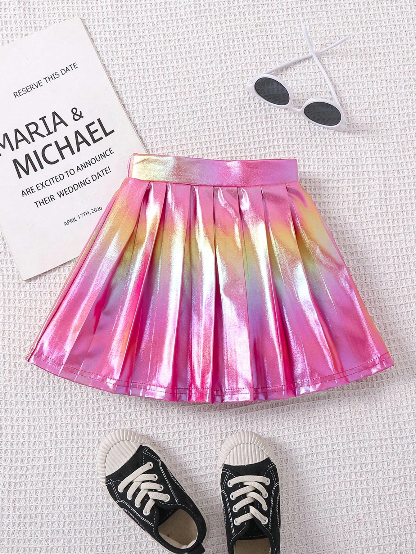 Young Girl Simple & Cool Pleated Skirt With Metallic Print Patterns, Suitable For Casual, Fashionable, Elegant, Holiday, Party, School, Travel In Spring, Summer, Autumn, Winter, Versatile Style