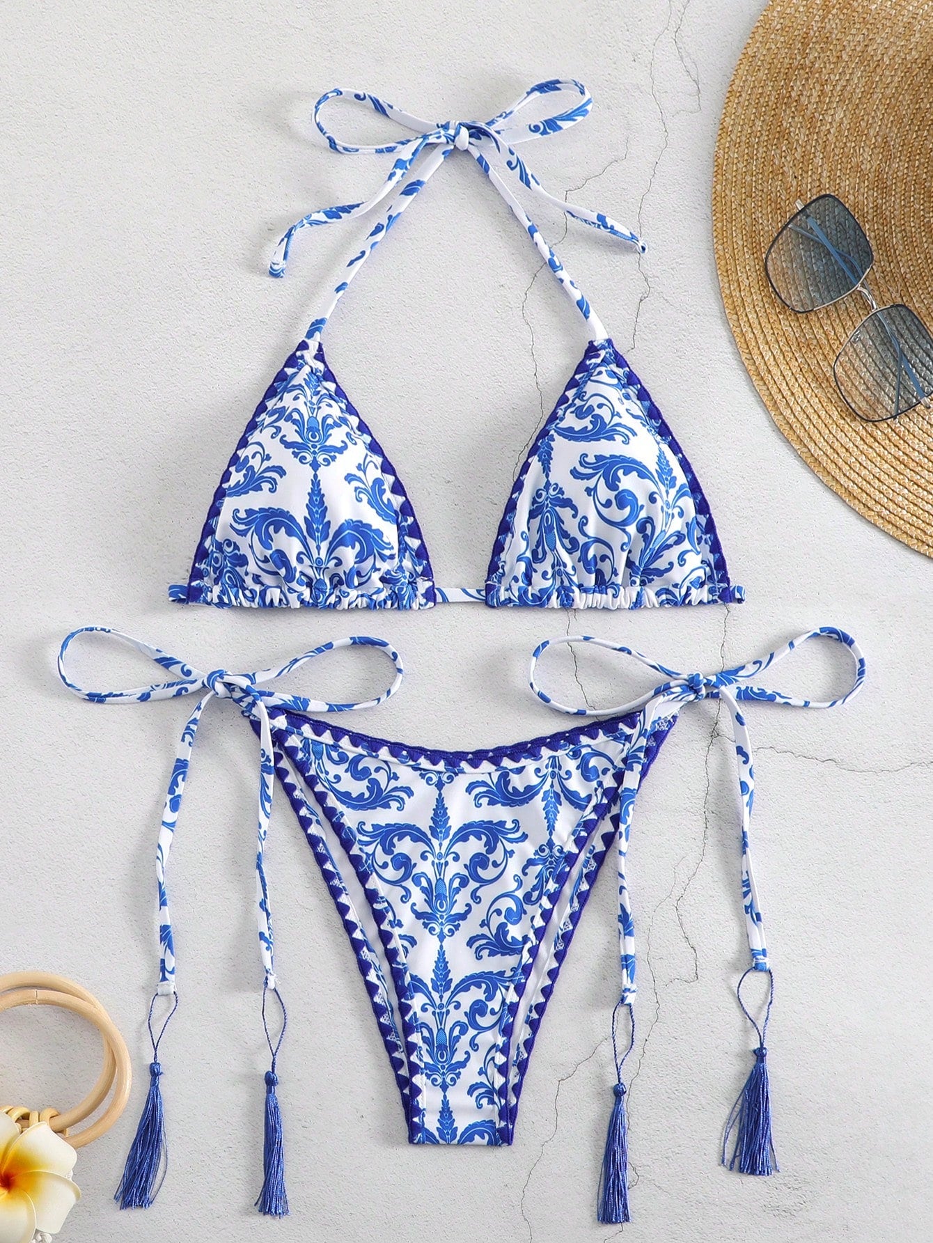 Swim Printed Halter Neck Bikini Two Piece Swimsuits Set, String Beach Outfit Bathing Suit Summer,Summer Beach