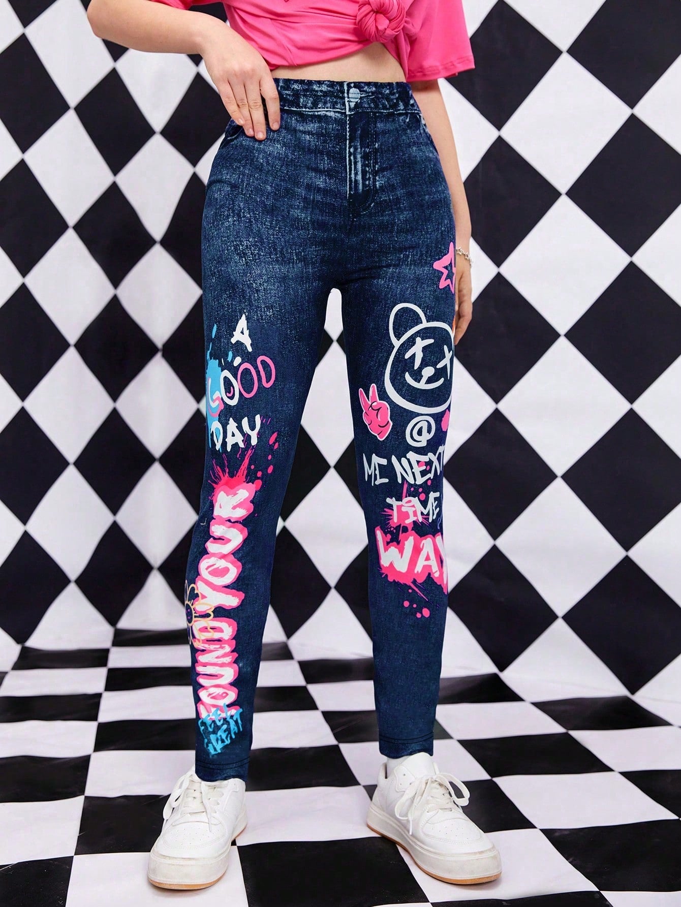 Teen Girl Slogan & Cartoon Graphic Leggings