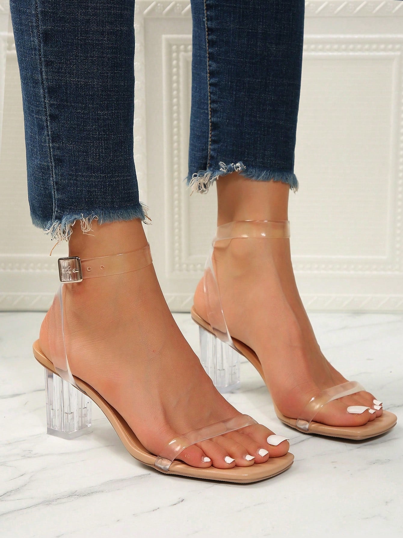 Clear Chunky Heeled Sandals, Ladies' Beige High Heeled Sandals