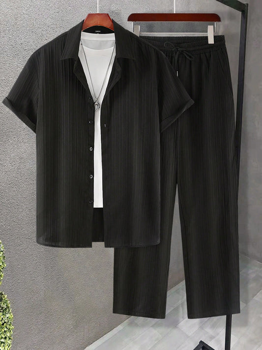 Men Solid Shirt & Drawstring Waist Pants Without Tee