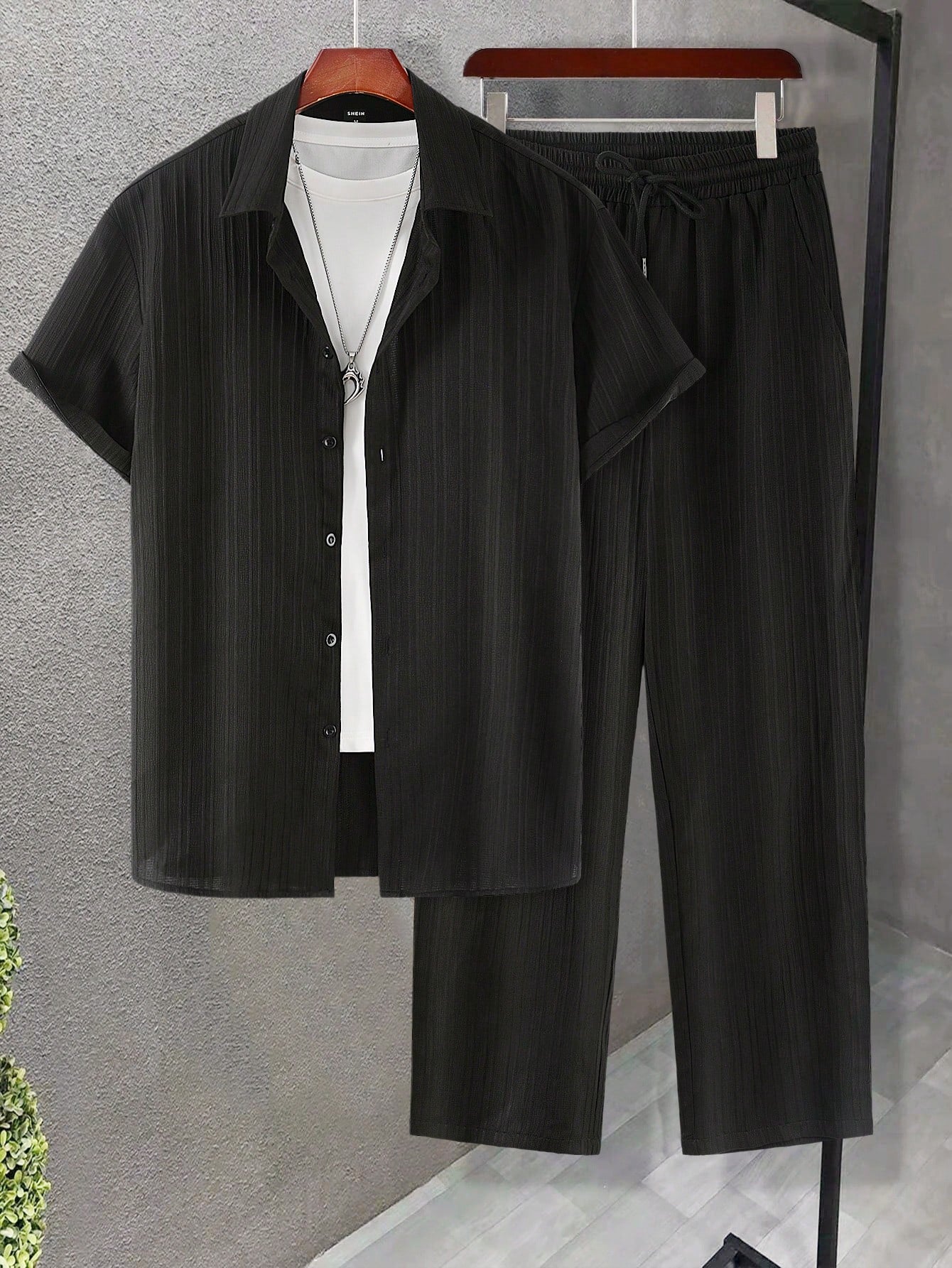 Men Solid Button Up Shirt & Drawstring Waist Pants Without Tee