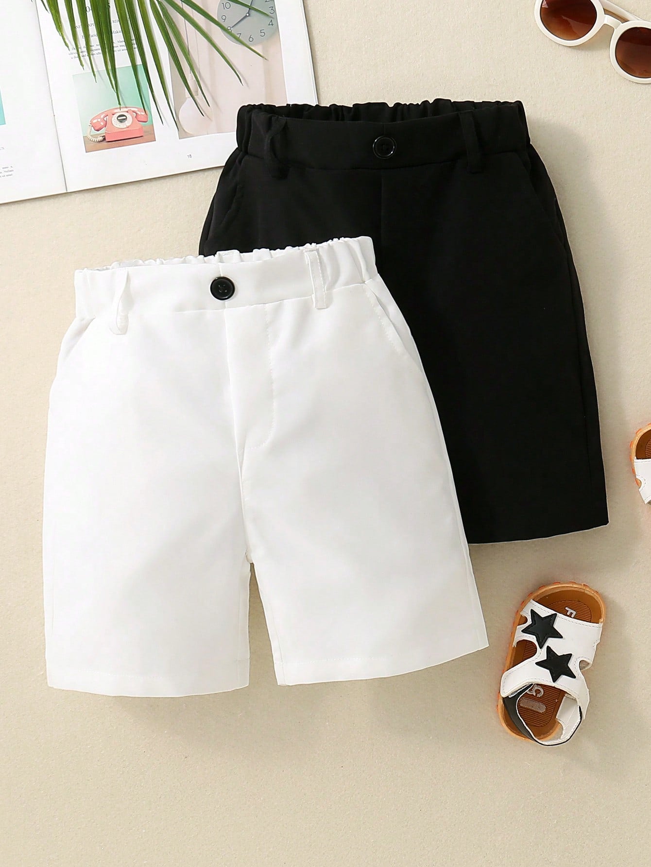 Young Boy 2pcs/Set Casual Solid Color Shorts With Pockets For Daily Wear, Parties And Vacations In Summer