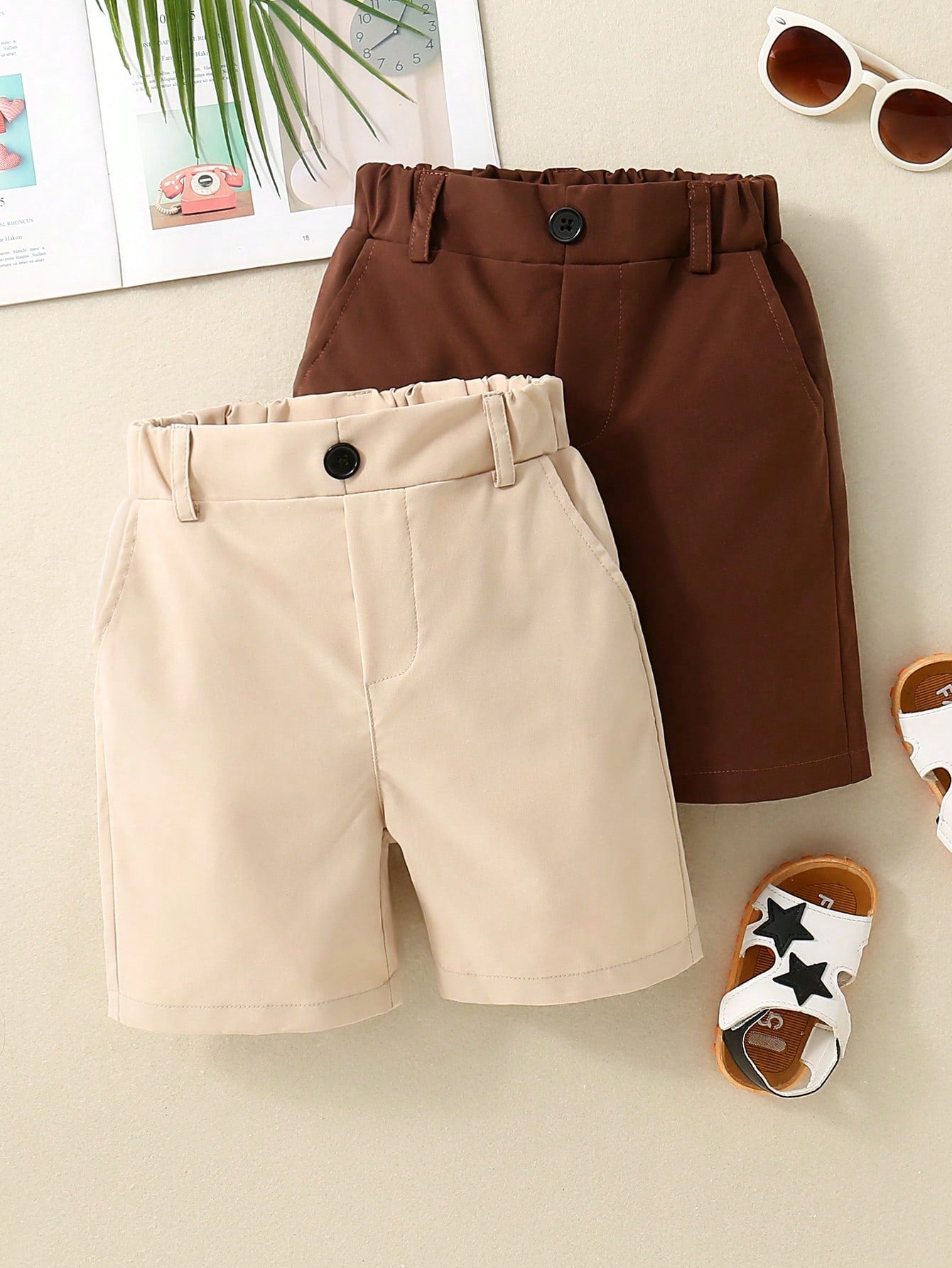 Young Boy 2pcs/Set Casual Solid Color Shorts With Pockets For Daily Wear, Parties And Vacations In Summer