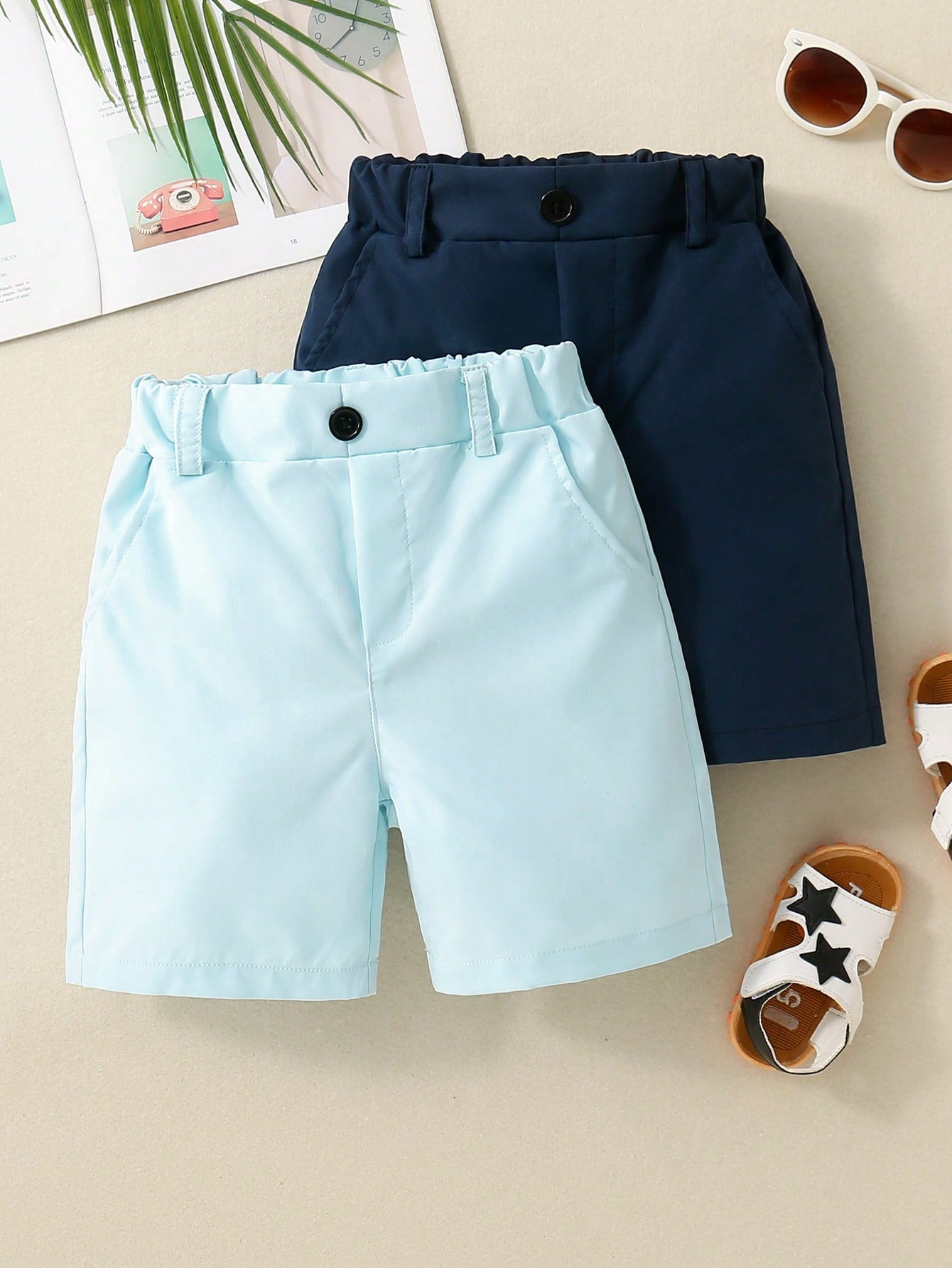 Young Boy 2pcs/Set Casual Solid Color Shorts With Pockets For Daily Wear, Parties And Vacations In Summer