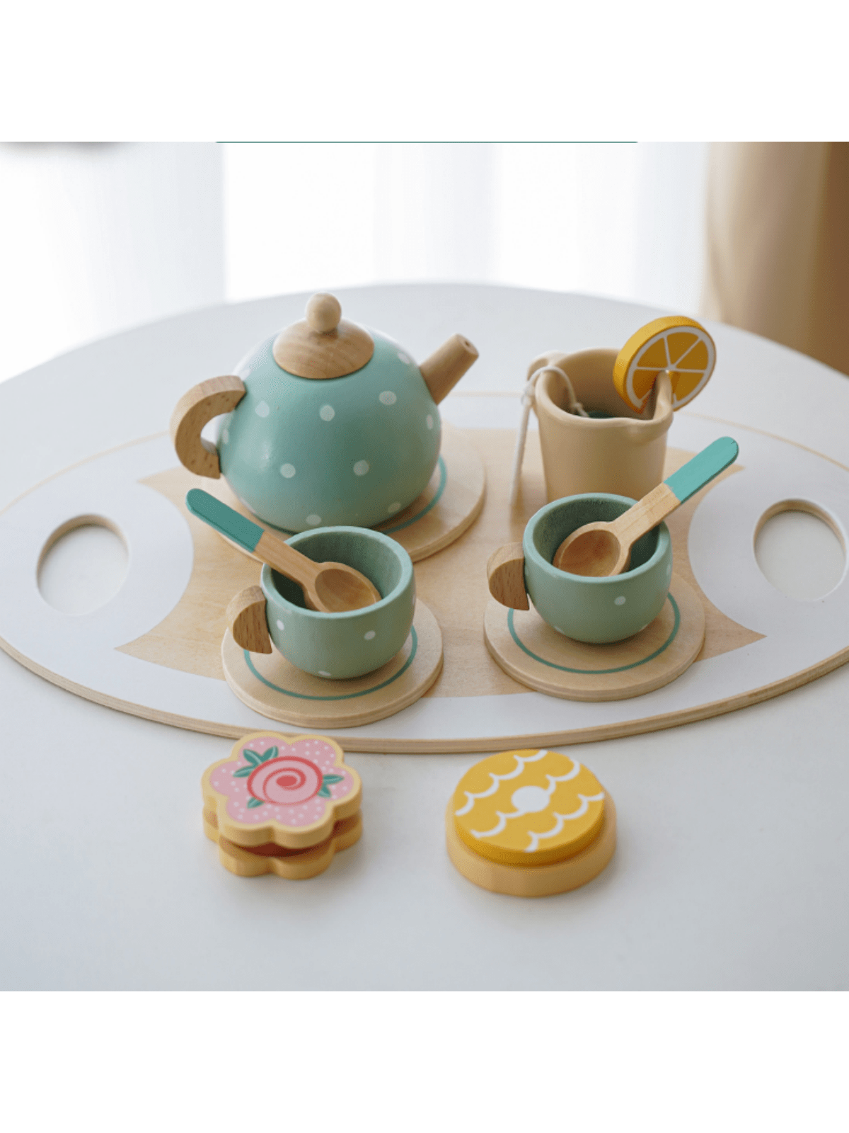 Early Education Set Pretend Play Afternoon Tea Set Wooden Toys For Kids, Teapot, Tea Cups And Saucers