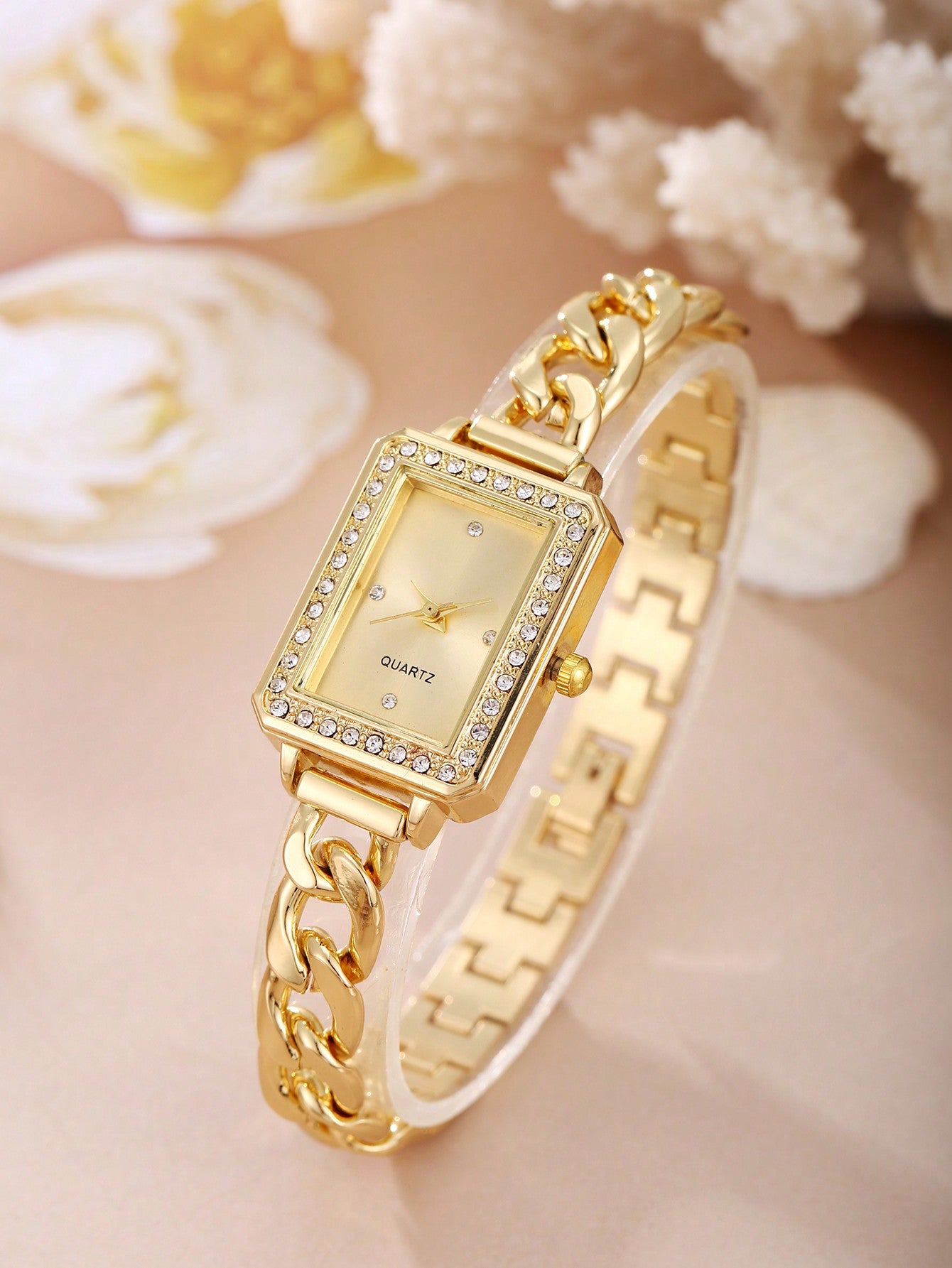 Ladies' Quartz Watch With Elegant Rectangular Dial, Luxury Rhinestone Embellished Cuff Bracelet Wristwatch